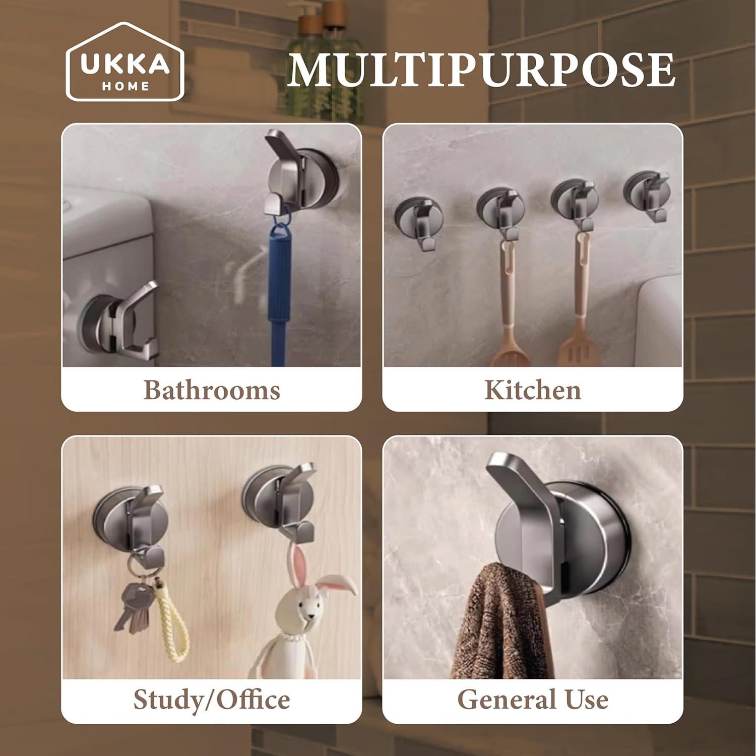 Gancho Doble Ventosa UKKA HOME Gris 2 Unidades para Ducha y Cocina