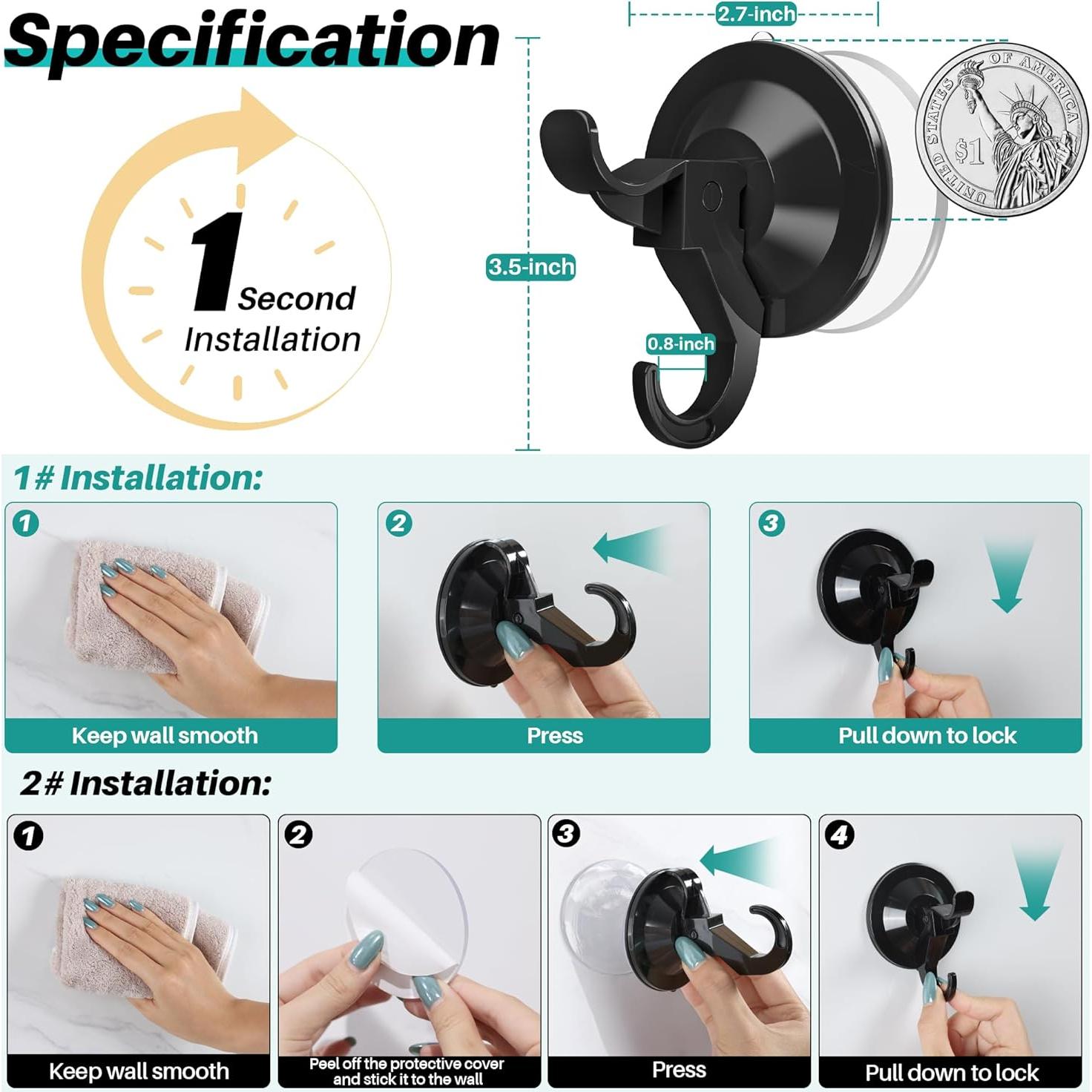 Ganchos de Ventosa AENTGIU Negros - Paquete de 5 para Baño