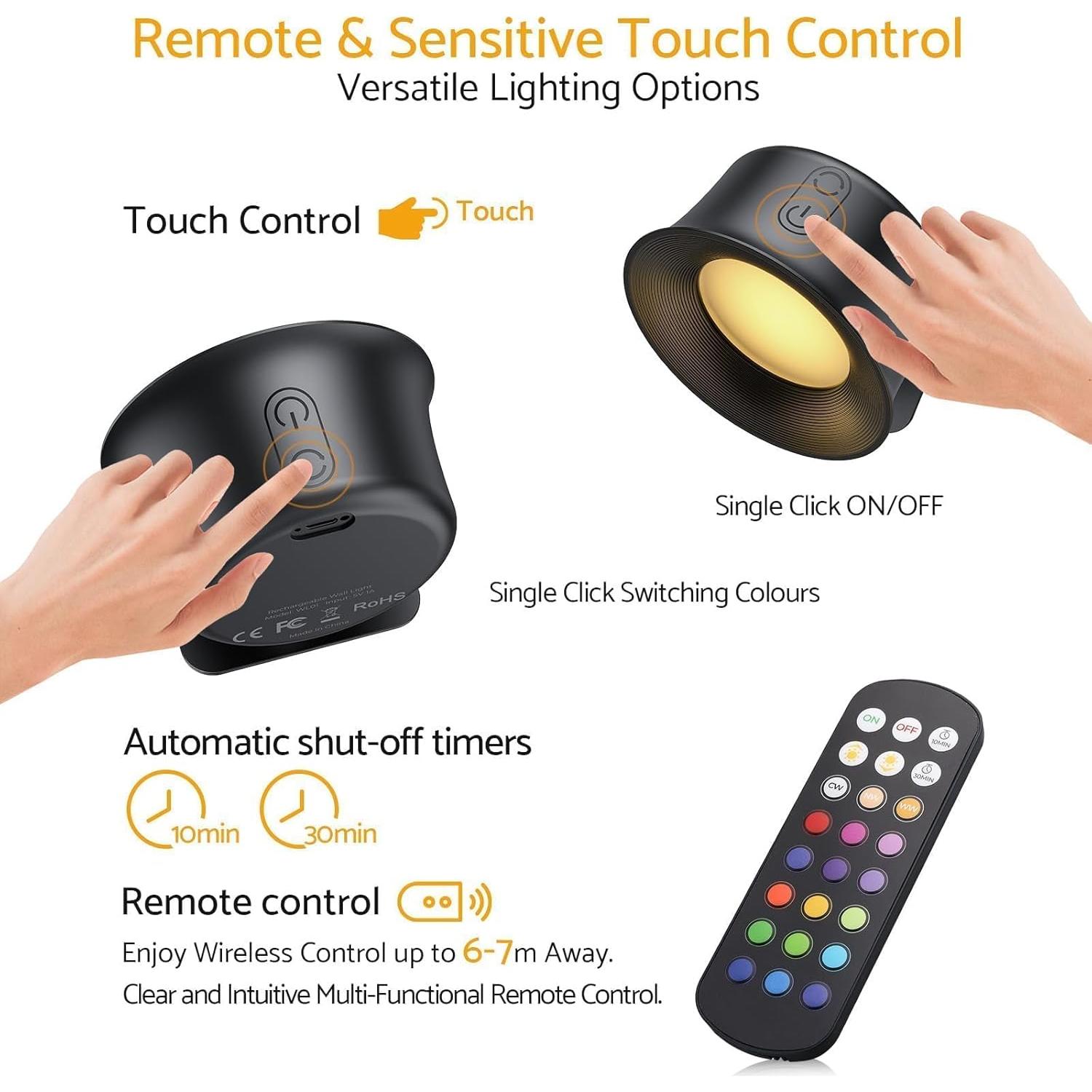 2 Piezas Luces de Pared LED RGB Maxetodo, Inalámbricas y Recargables