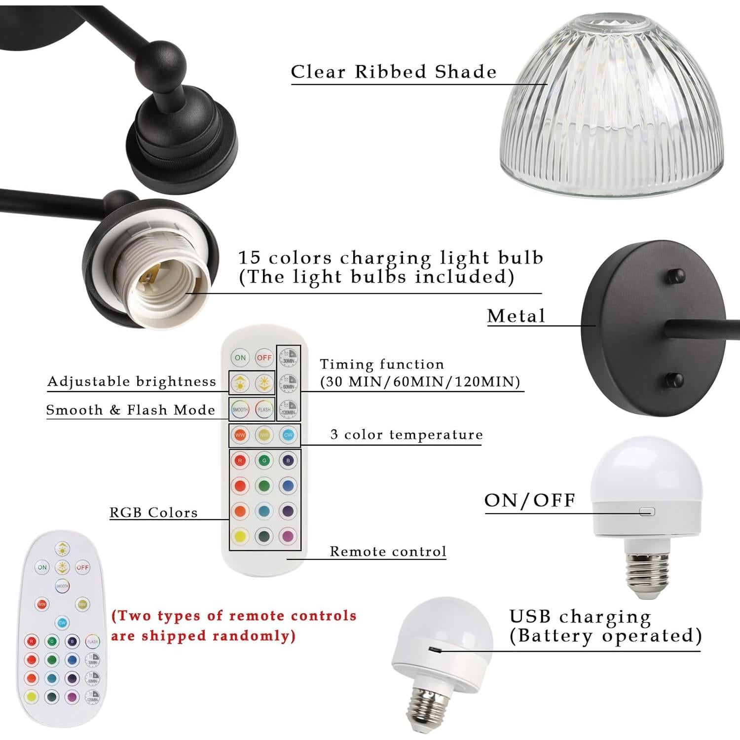 Aplique de pared recargable Phansthy negro con control remoto