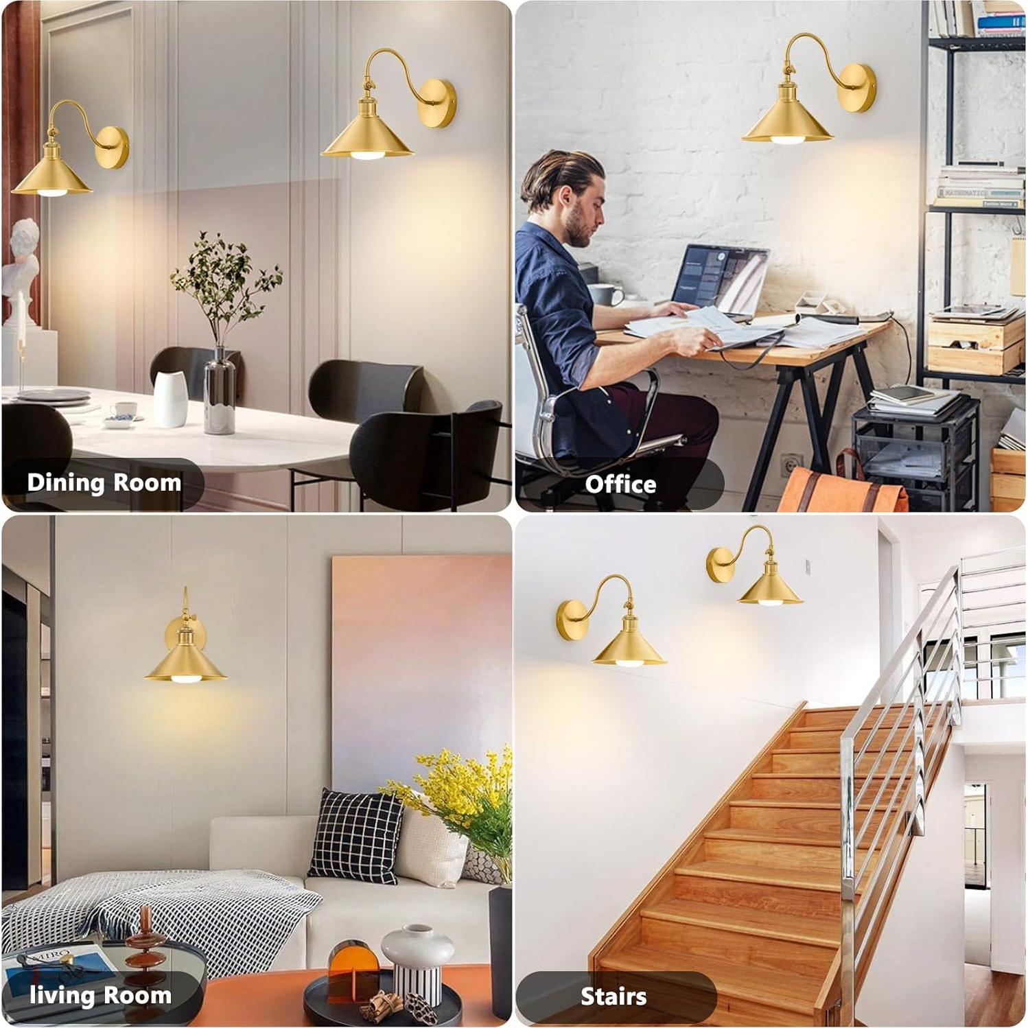 Aplique de pared inalámbrico Pillctvel dorado, juego de 2 luces LED