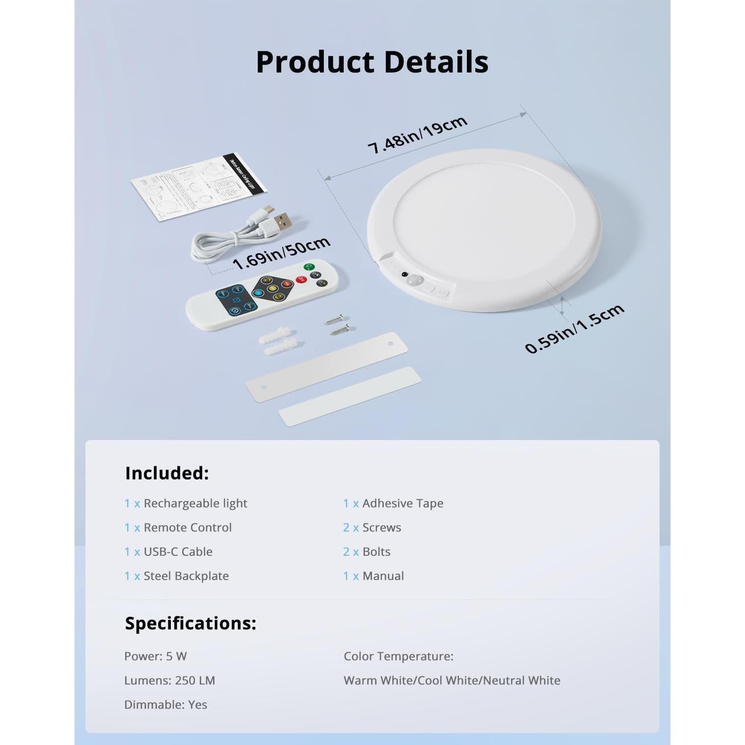 Luz de Ducha LED Recargable Combuh B5 19cm 3 Colores
