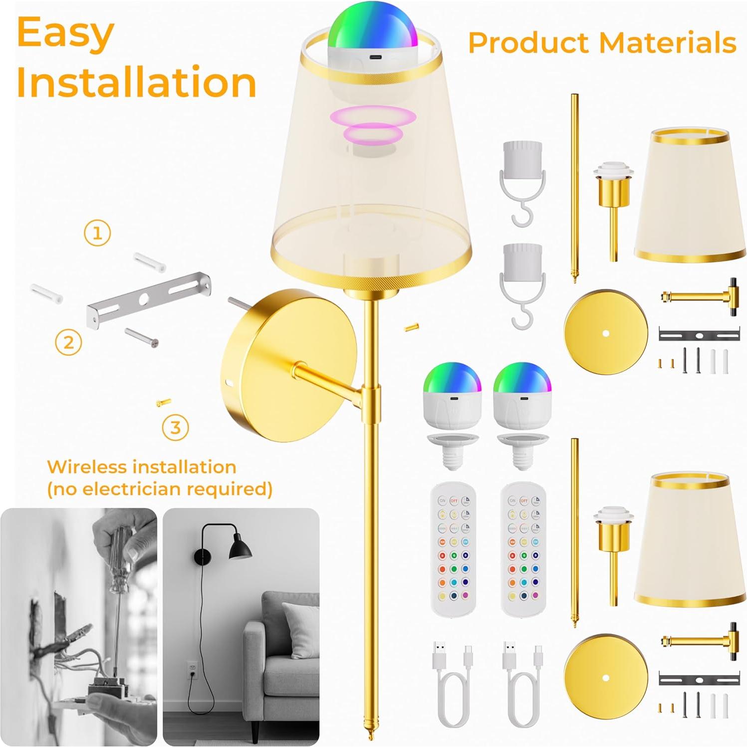 Juego de 2 Apliques de Pared LED ISEEKLUX Dorados 5200mAh