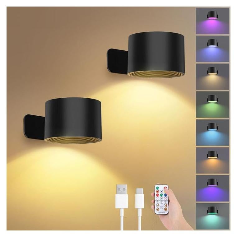 Apliques de Pared Recargables Lightess 5000mAh, 2 Pcs, Negro