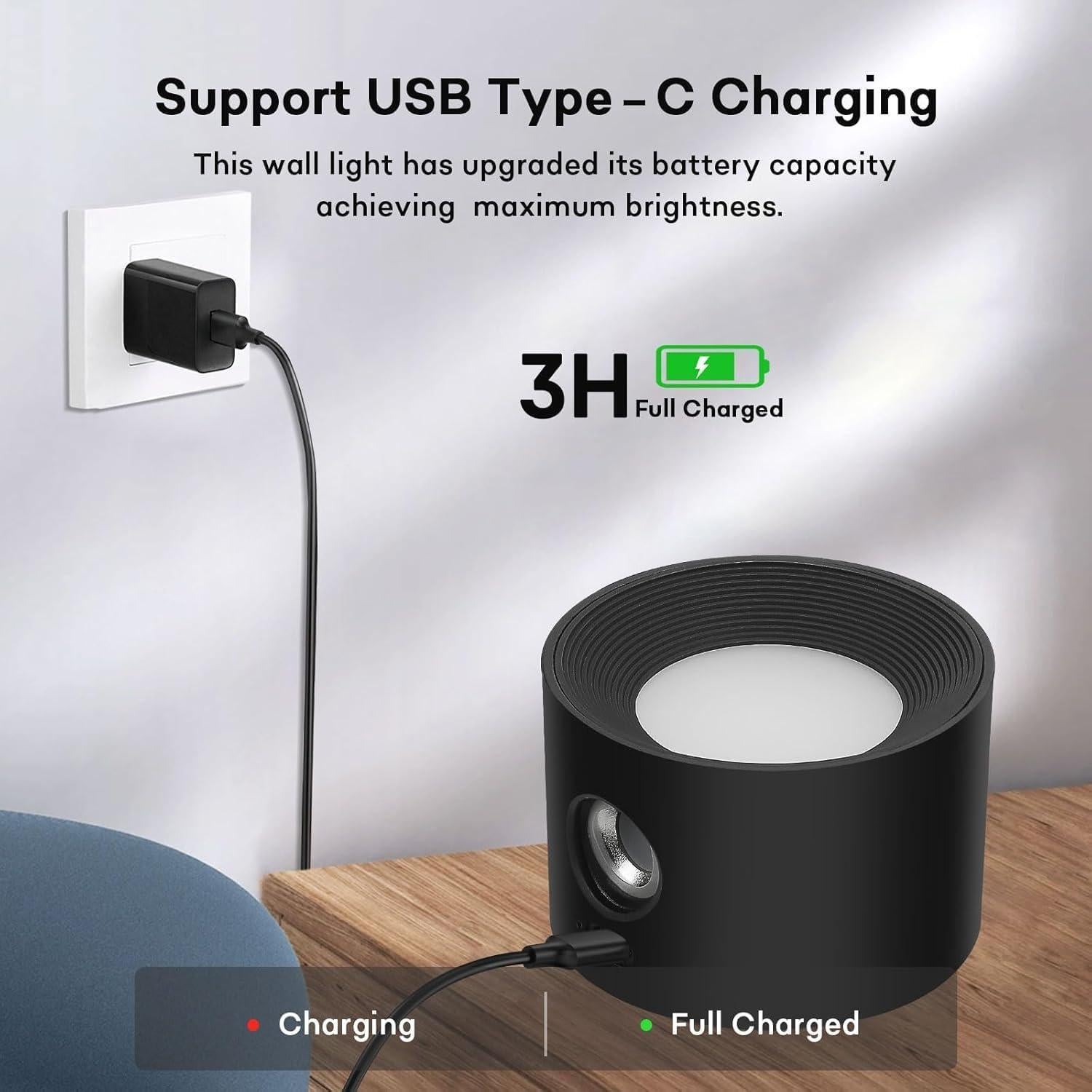 Apliques de Pared Recargables Lightess 5000mAh, 2 Pcs, Negro