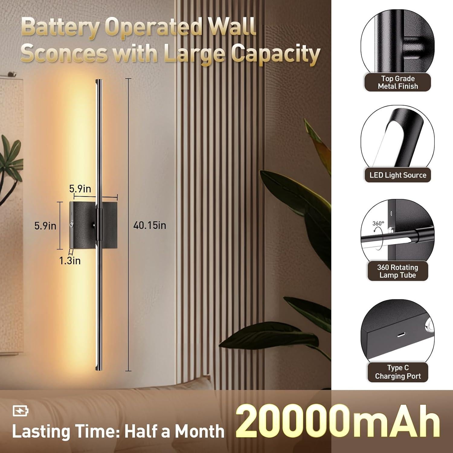 Apliques de Pared Inalámbricos Yunaking 106.68 cm LED Dimmable