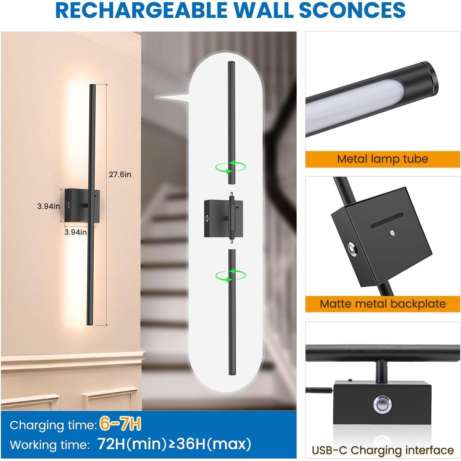 Aplique de Pared Recargable NIORSUN 71 cm 2 Unidades Control Remoto
