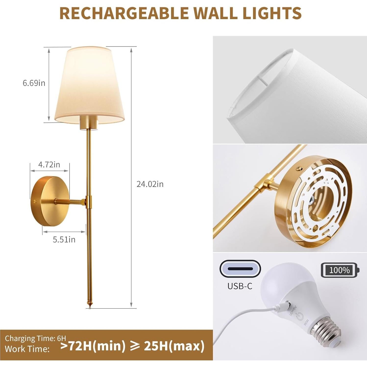 Juego de 2 Apliques de Pared Inalámbricos ZEAYUM Dorados LED