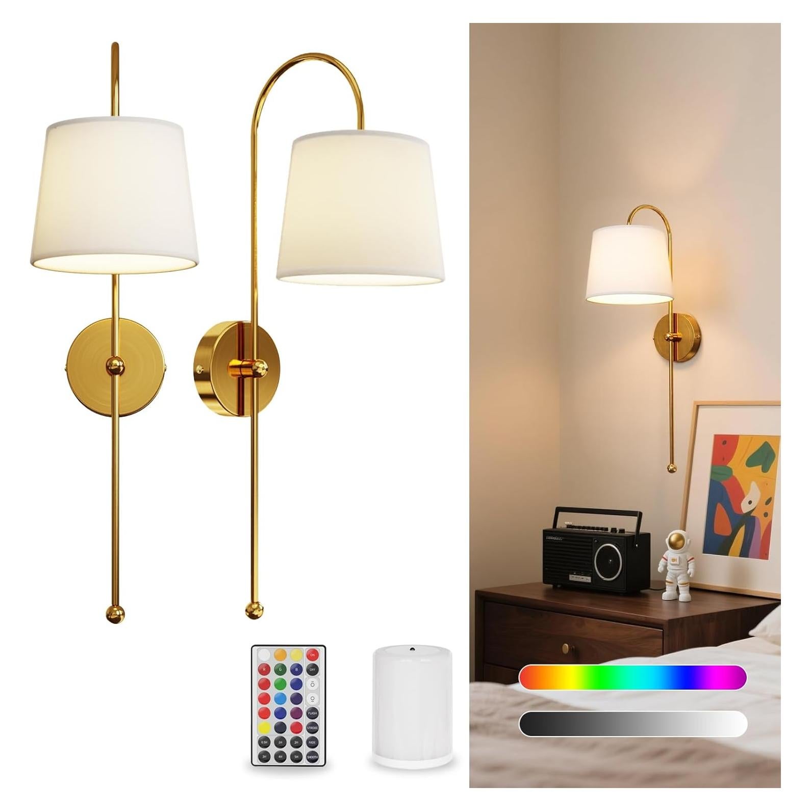 Juego de 2 Apliques de Pared Inalámbricos Dorados RGB