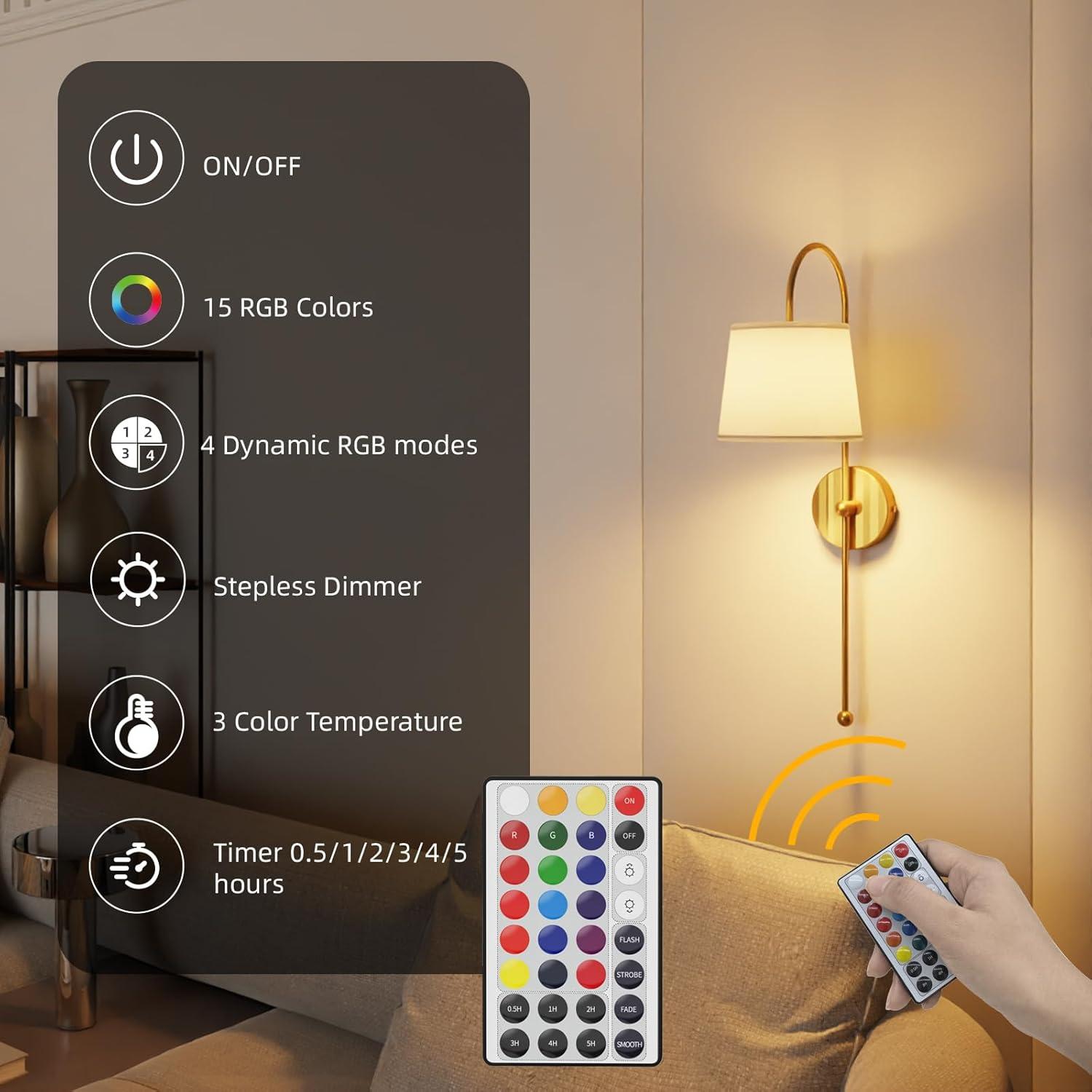 Juego de 2 Apliques de Pared Inalámbricos Dorados RGB