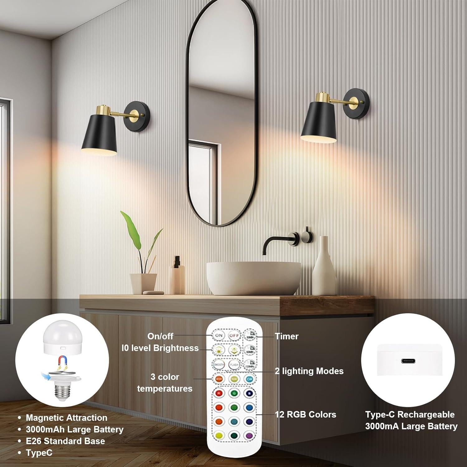 Juego de 2 Apliques de Pared Inalámbricos VATONI LED Regulables