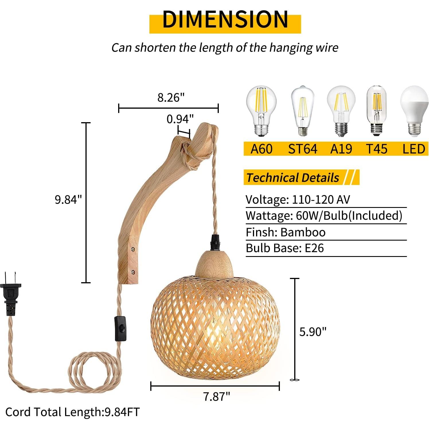 Apliques de Pared Boho Frideko de Bambú con Enchufe - Juego de 2