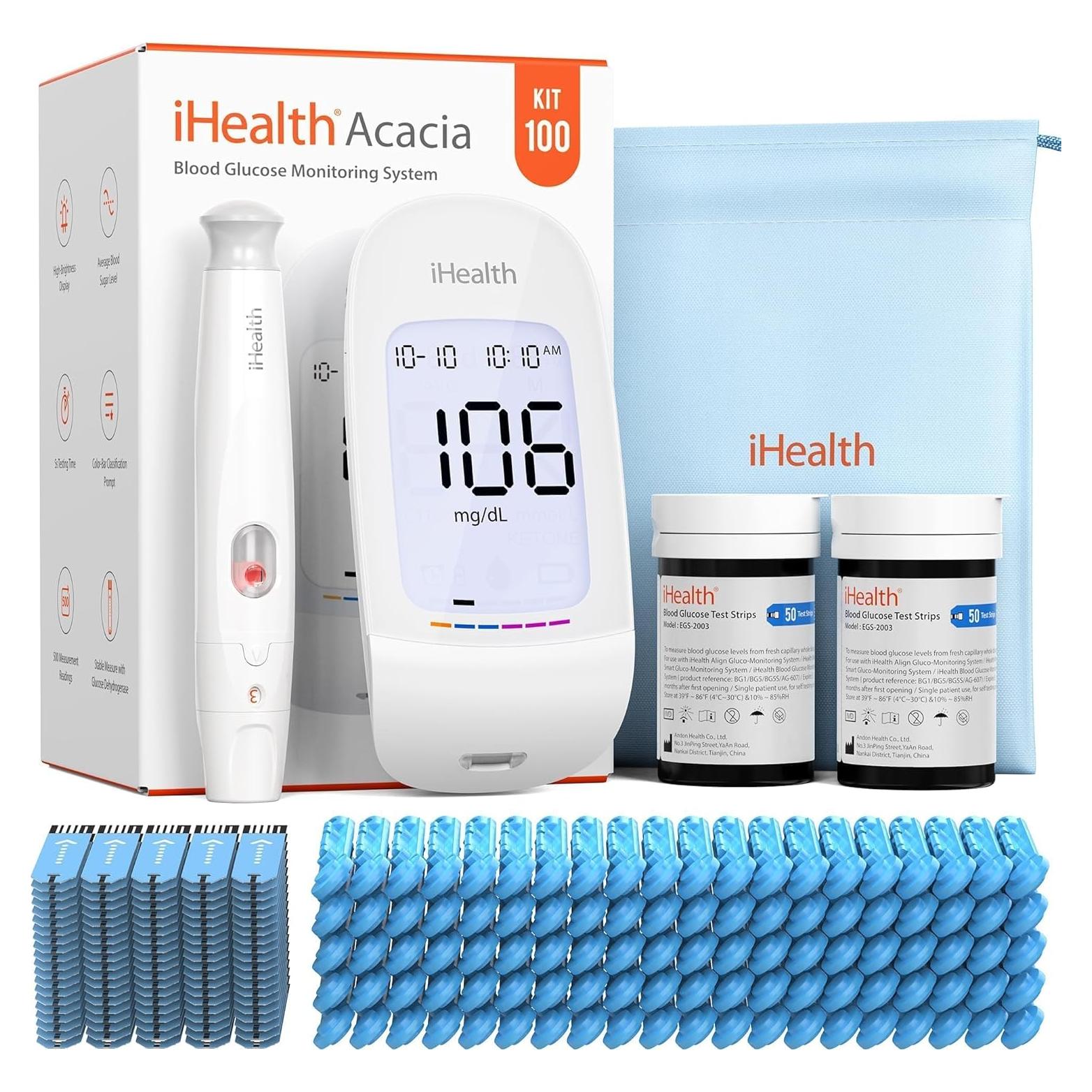Kit de Monitor de Glucosa iHealth Acacia - 100 Tiras y Lancetas