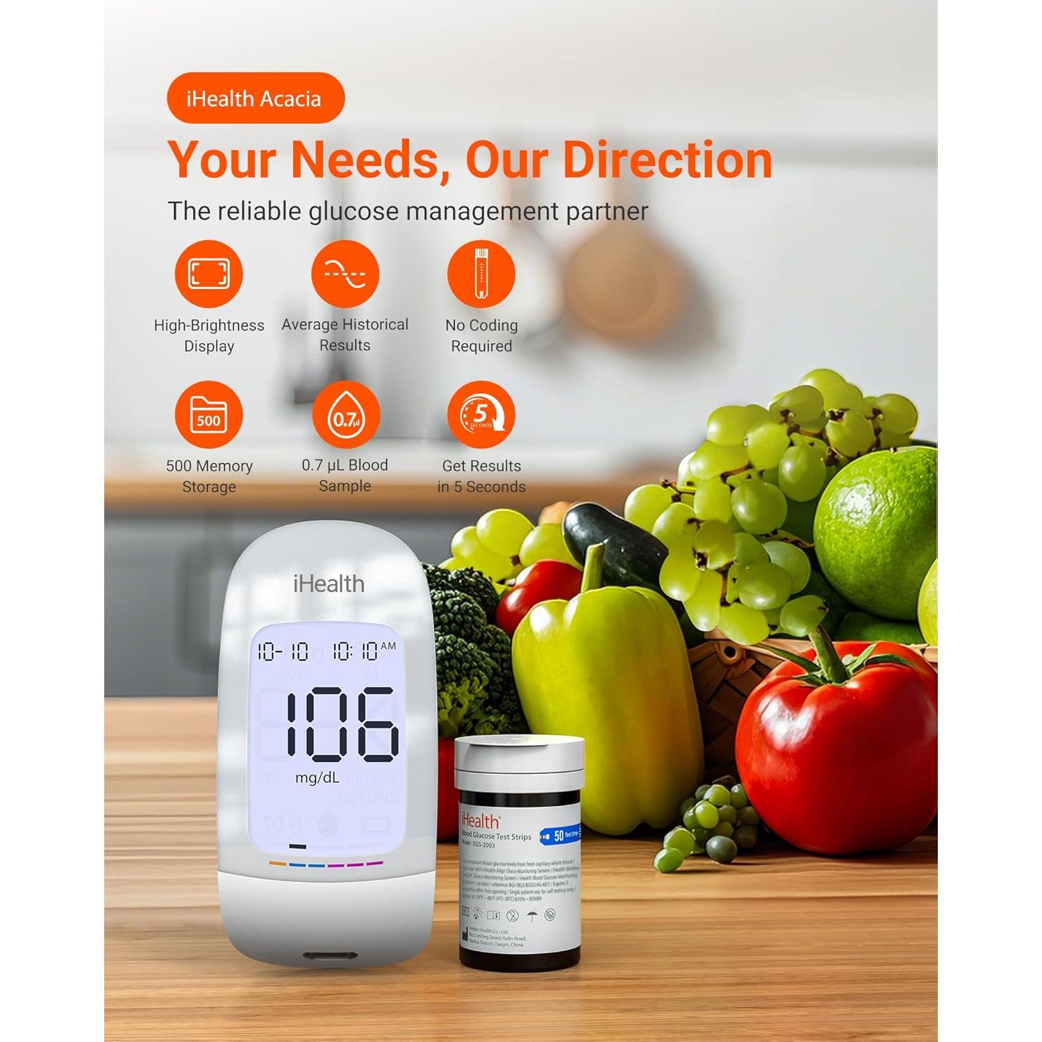 Kit de Monitor de Glucosa iHealth Acacia - 100 Tiras y Lancetas