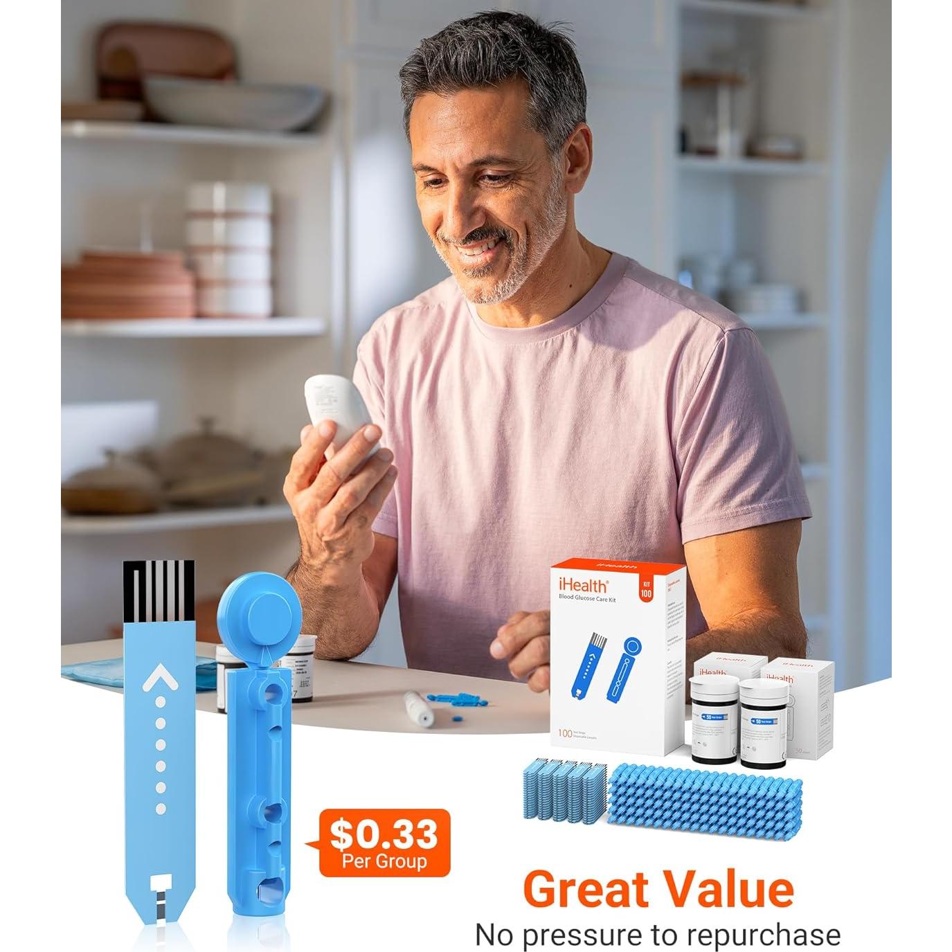 Kit de Monitor de Glucosa iHealth Acacia - 100 Tiras y Lancetas