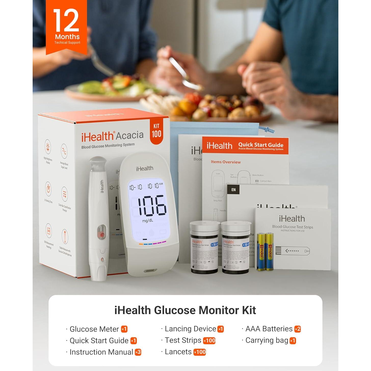 Kit de Monitor de Glucosa iHealth Acacia - 100 Tiras y Lancetas