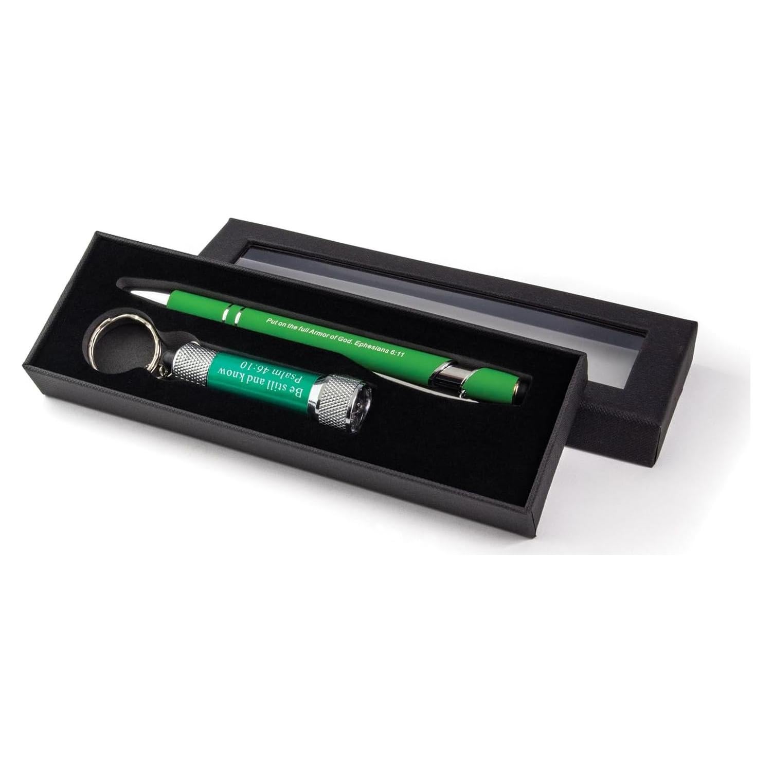 Conjunto Bolígrafos y Linterna Cristiana Verde - Regalo Inspirador