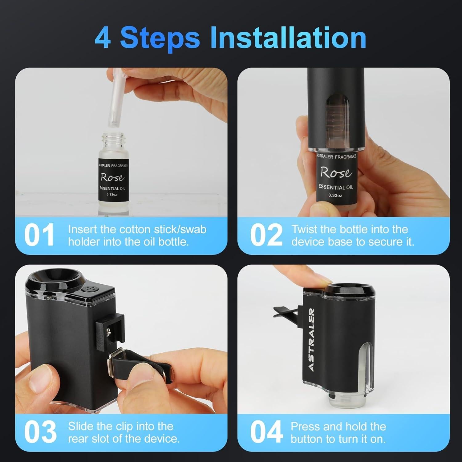 Difusor de Aromaterapia ASTRALER para Auto - Recargable USB, 3 Modos, 6 Aceites Esenciales