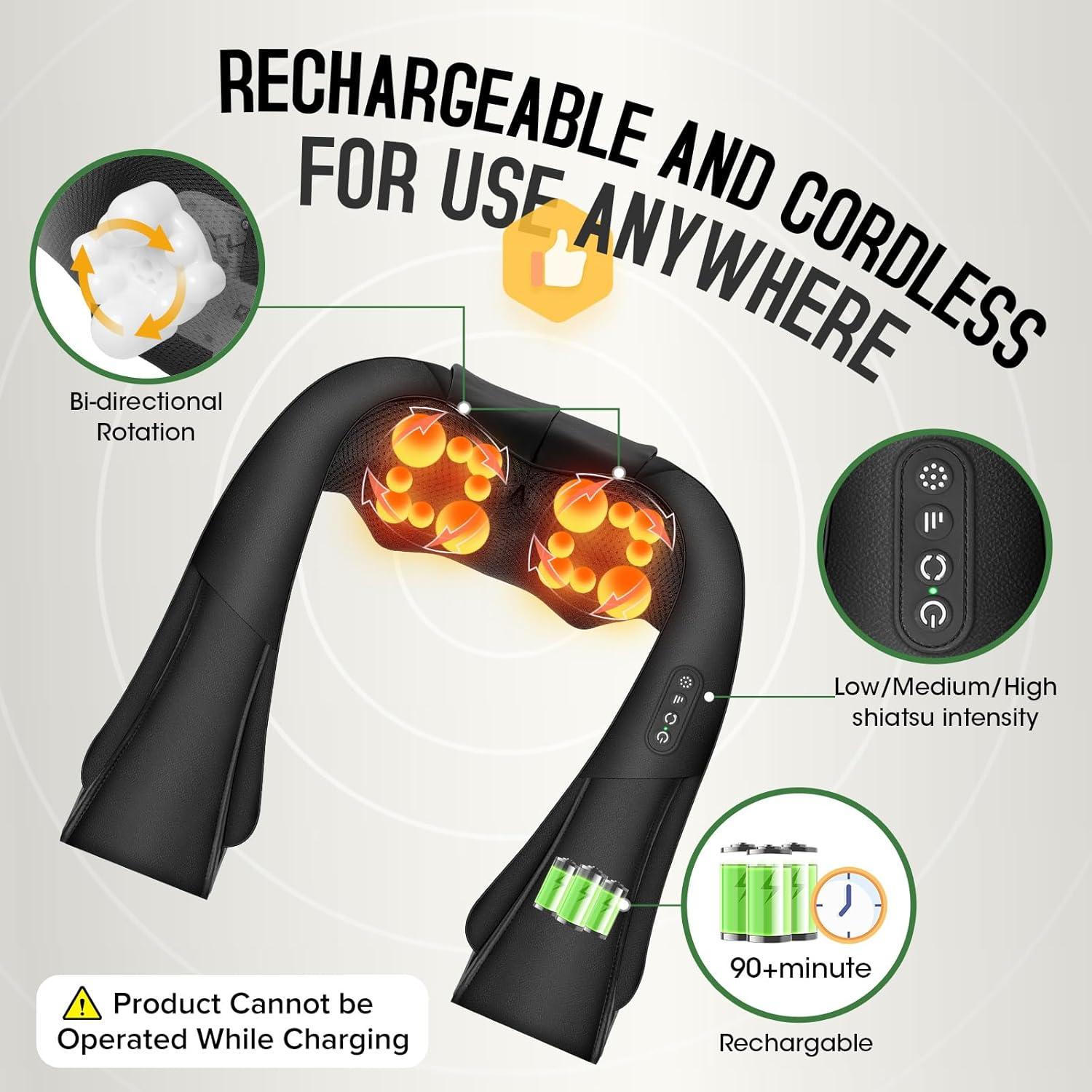 Masajeador Inalámbrico Shiatsu AERLANG con Calor 4D - Negro