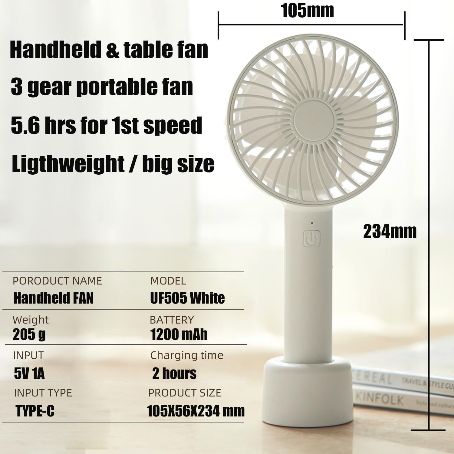 Ventilador Portátil de Mano UF505 Blanco 1200mAh 3 Velocidades