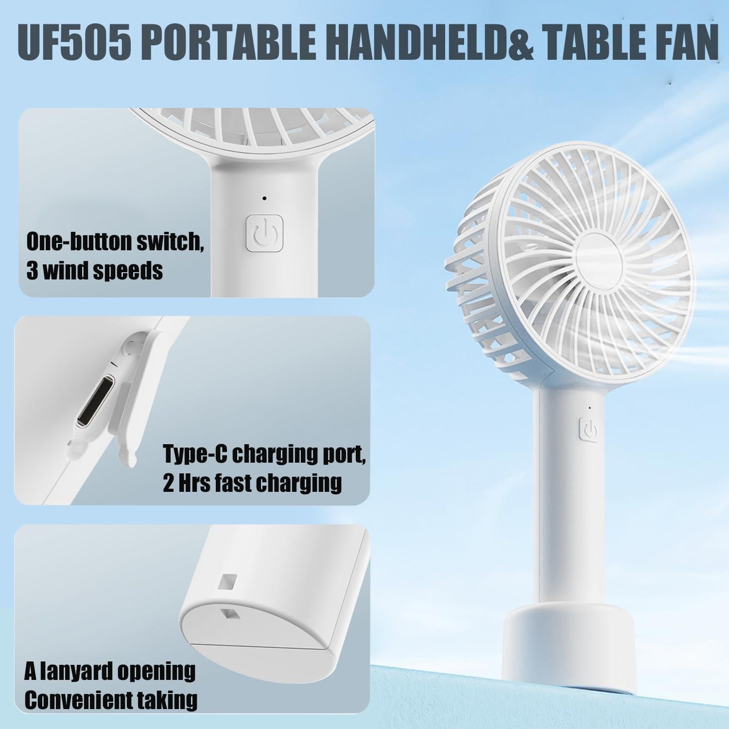 Ventilador Portátil de Mano UF505 Blanco 1200mAh 3 Velocidades