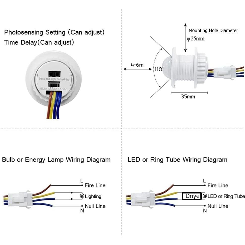 Interruptor Sensor de Movimiento PIR HANNAHONG 40W 5m Ajustable