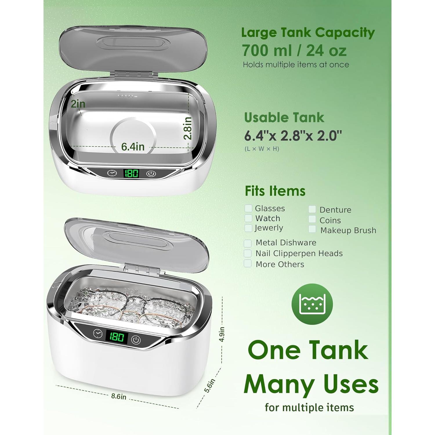 Limpiador Ultrasónico de Joyas ByteRoll 700ml 48kHz 5 Modos