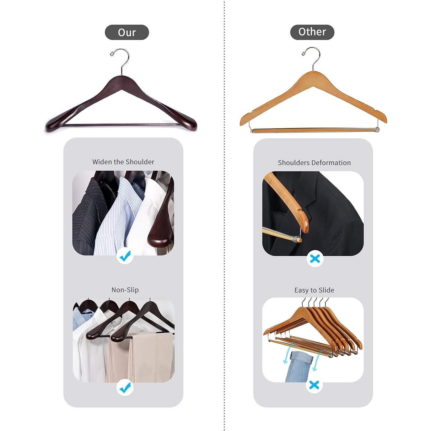 Perchas de Madera Caoba Nature Smile - Paquete de 6 - Hombros Anchos