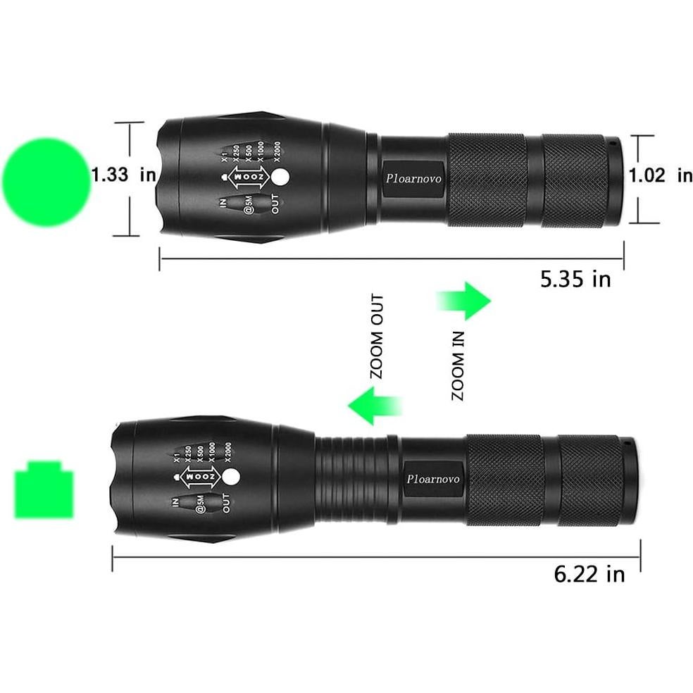 Linterna LED Verde Ploarnovo Zoomable Resistente al Agua 2 Pzs