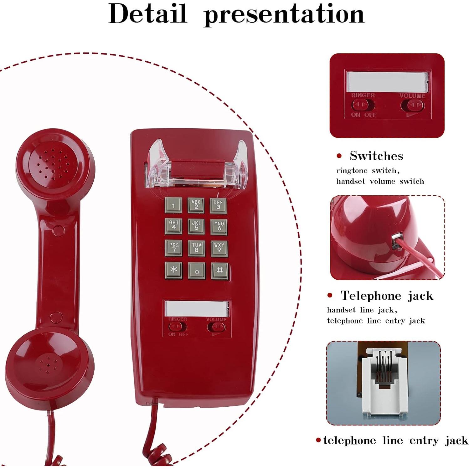 Teléfono de Pared Retro LeHan con Timbre Mecánico Rojo