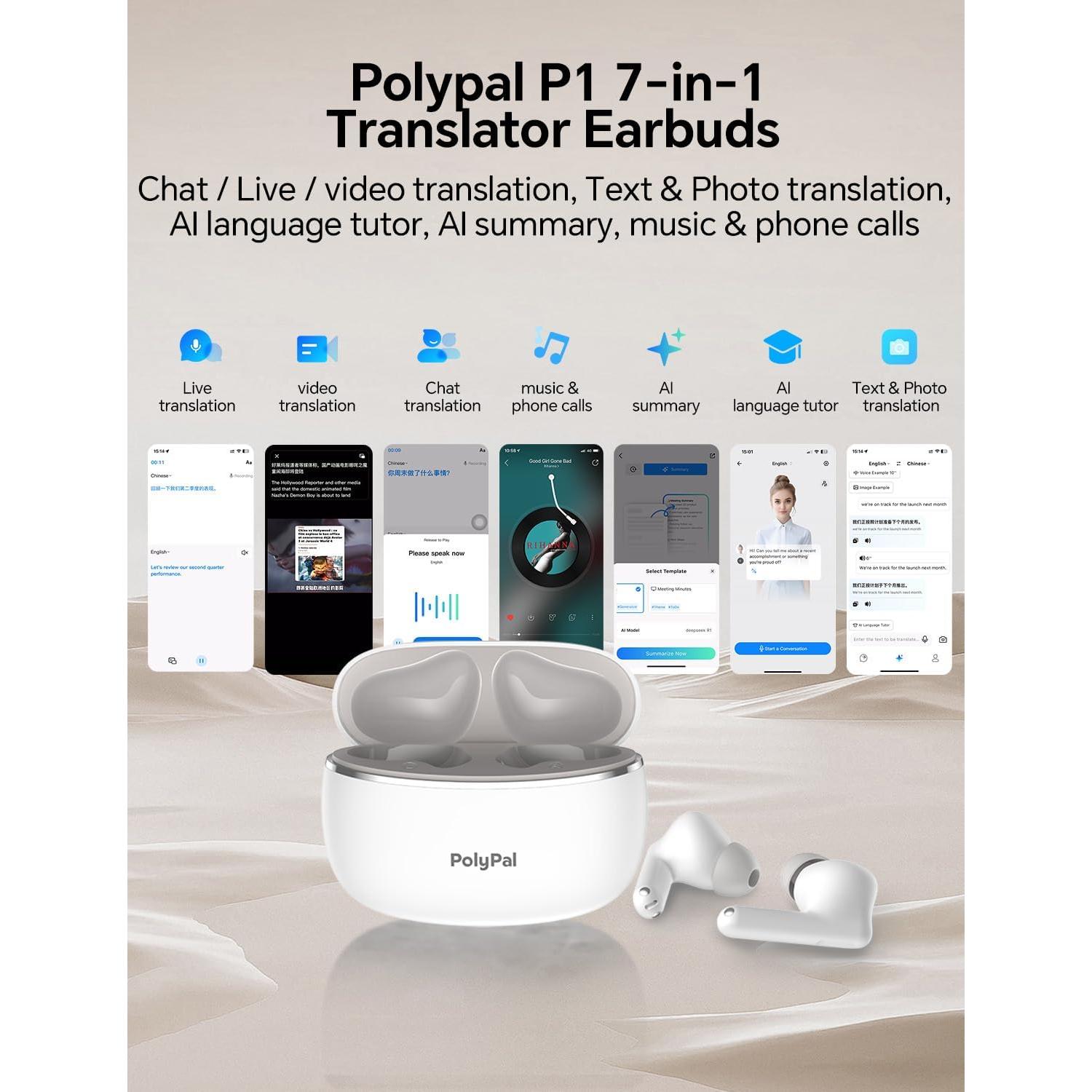 Auriculares Traductores AI Polypal P1 - 138 Idiomas, Reducción de Ruido