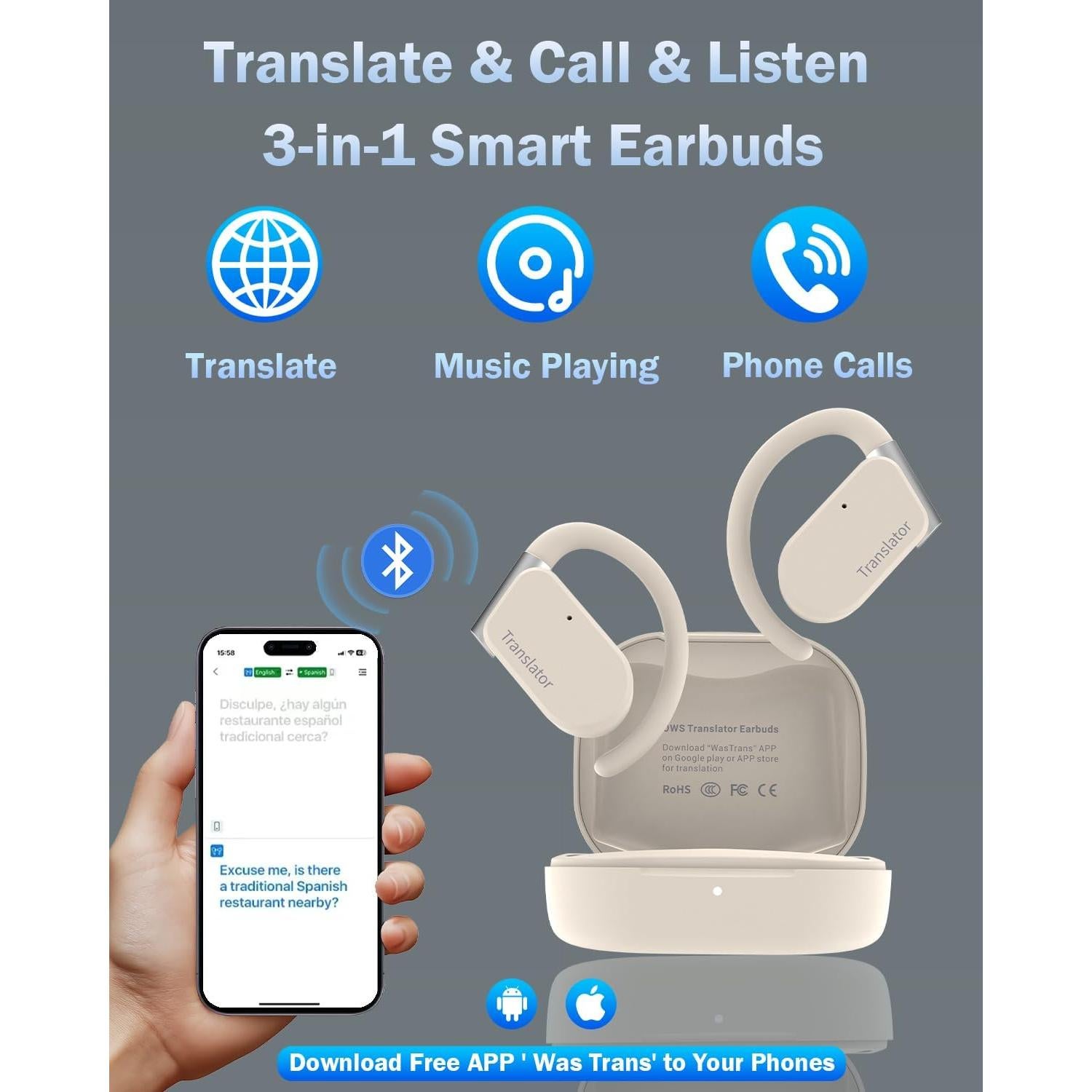 Auriculares Traductores Wooask M9 - 144 Idiomas, Offline, Beige