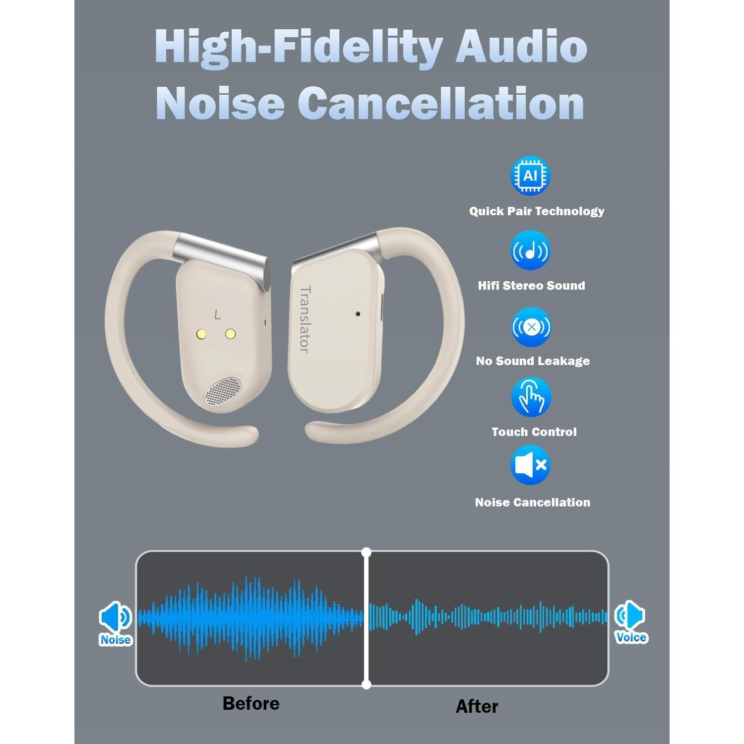 Auriculares Traductores Wooask M9 - 144 Idiomas, Offline, Beige