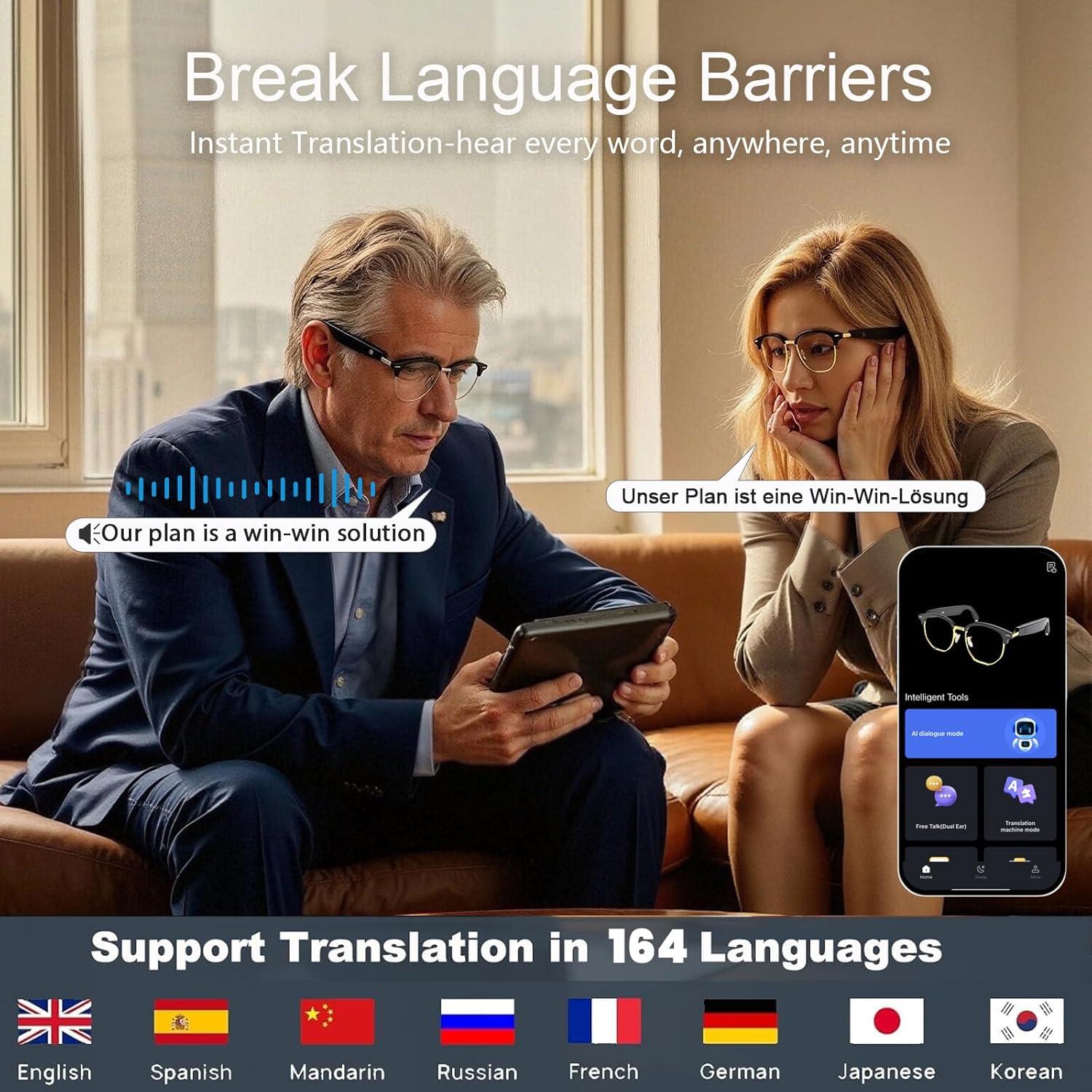 Gafas Inteligentes de Traducción AI Oro - 164 Idiomas, Bluetooth
