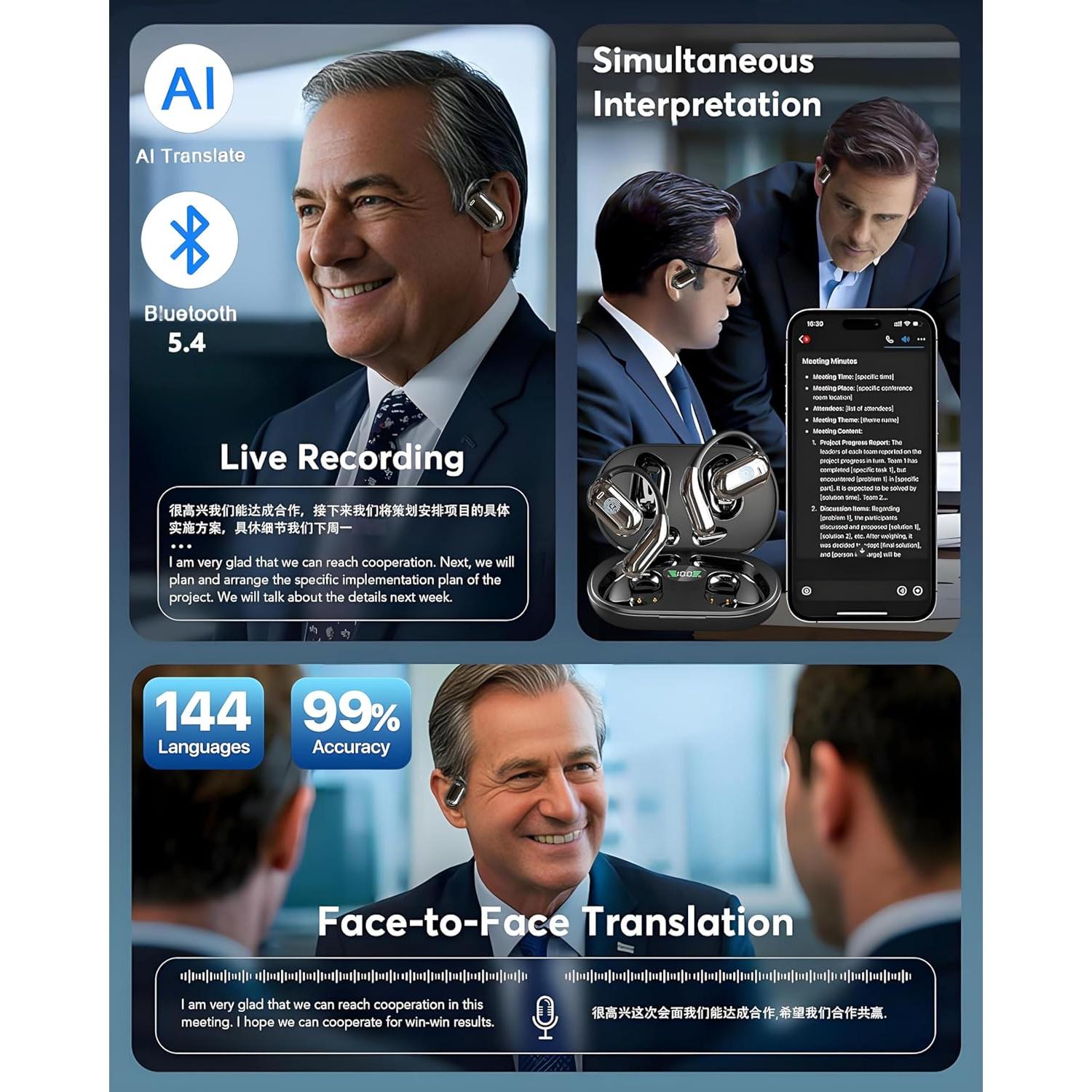 Auriculares de Traducción AI OWS 4-en-1 10h Batería 144 Idiomas