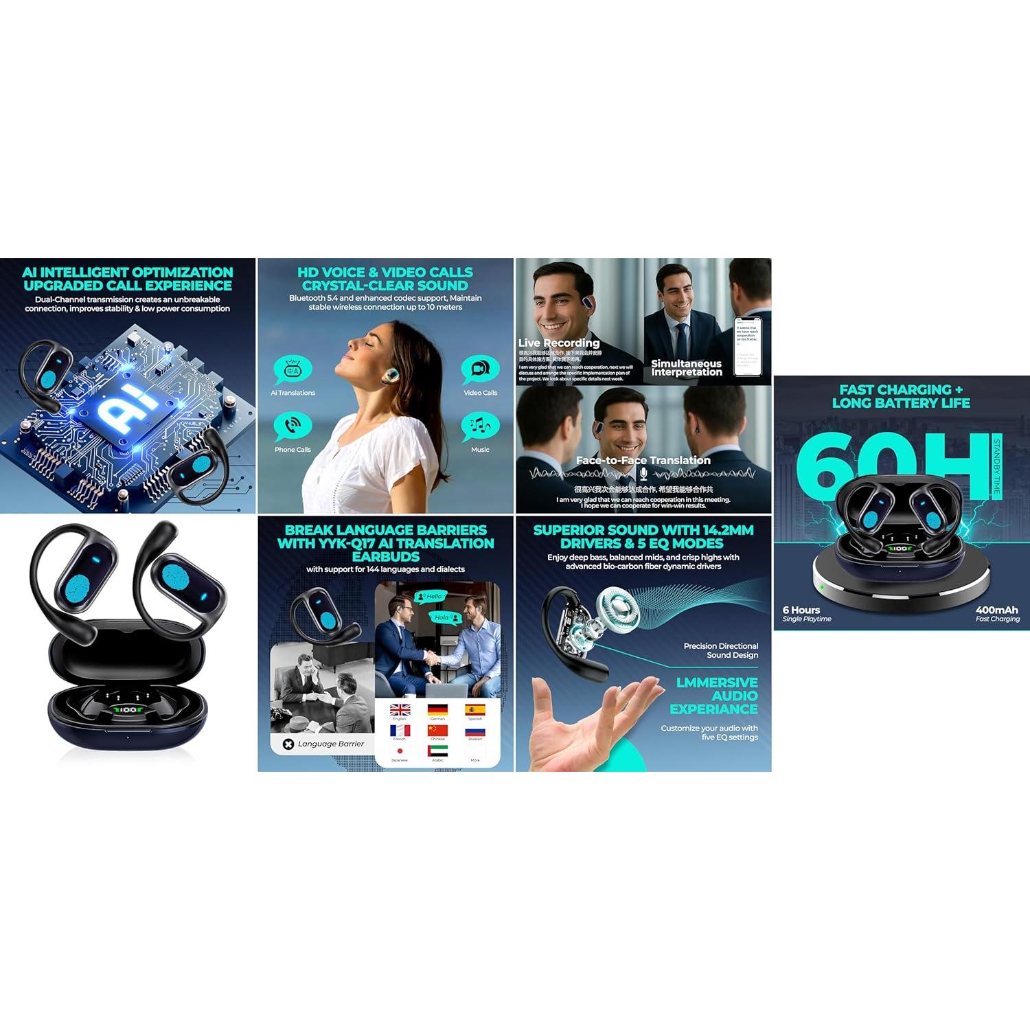 Auriculares Traductores Inalámbricos YYK-Q17 - Bluetooth 5.4, 168 Idiomas