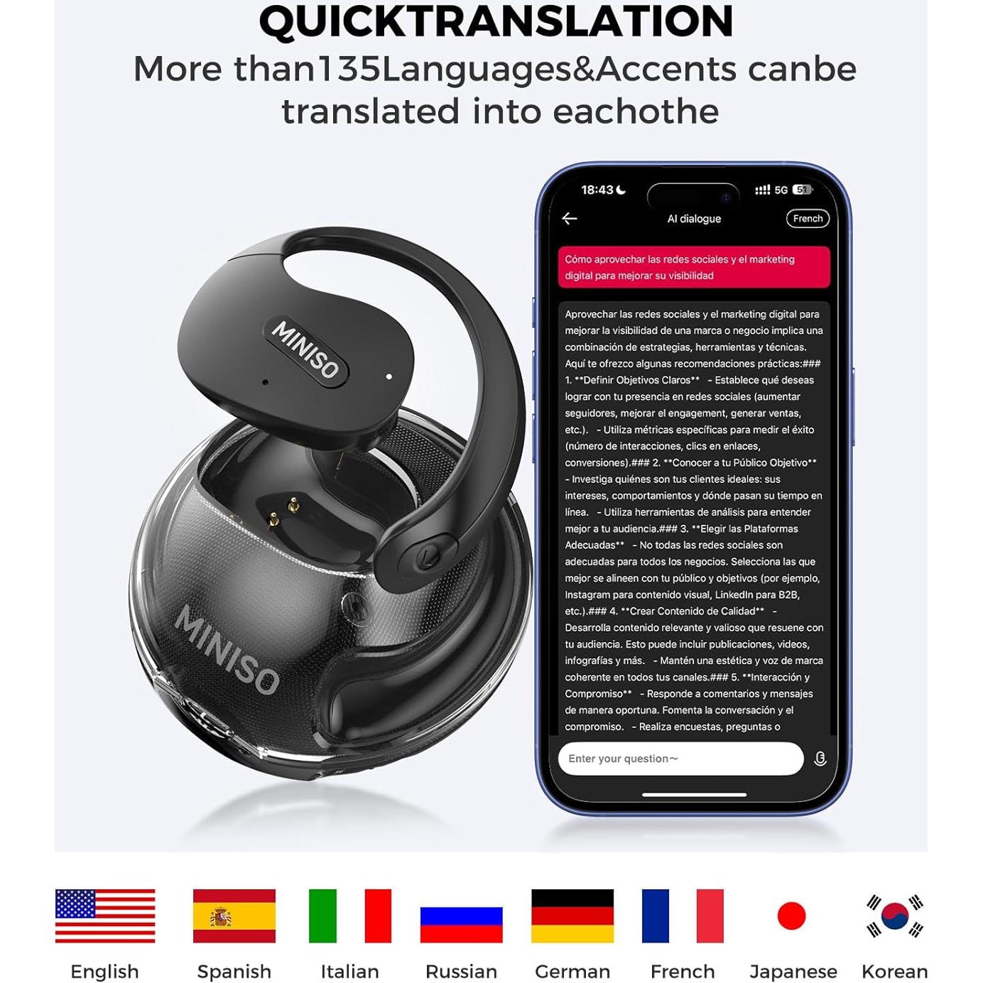 Auriculares Inalámbricos MINISO X15 PRO Bluetooth 5.4 AI 148 Idiomas