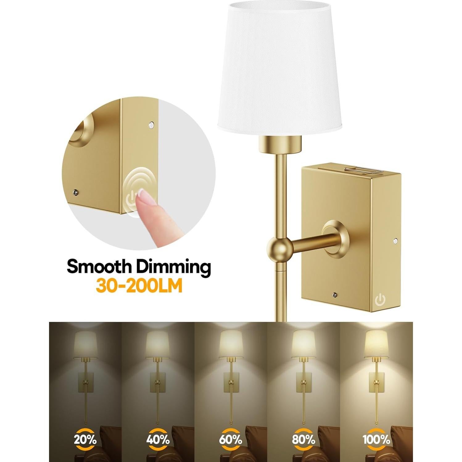 Juego de Apliques de Pared Inalámbricos TOOWELL 2 Unidades LED Oro
