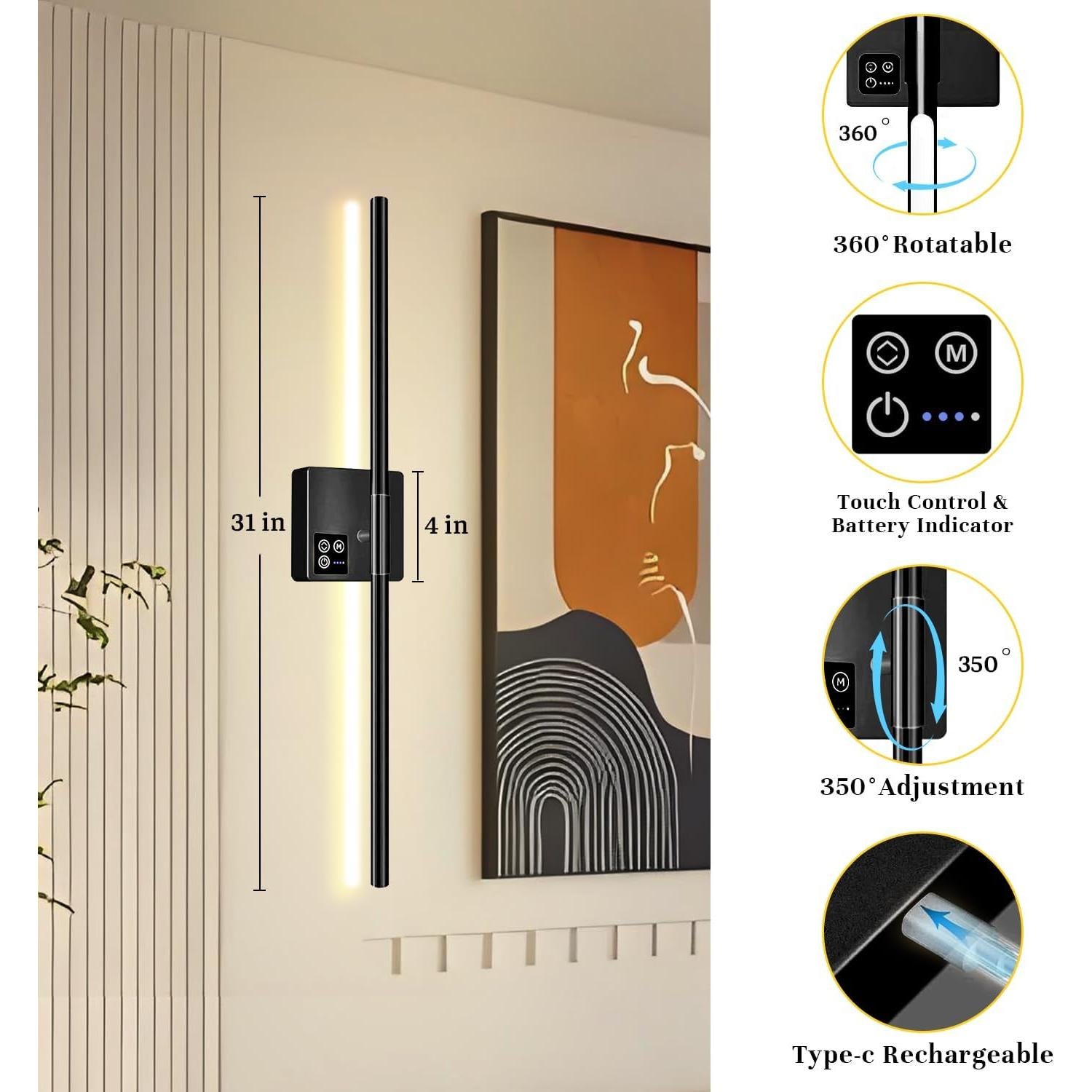 Apliques de Pared Inalámbricos Xiourcre 31" Regulables 2700K-6000K