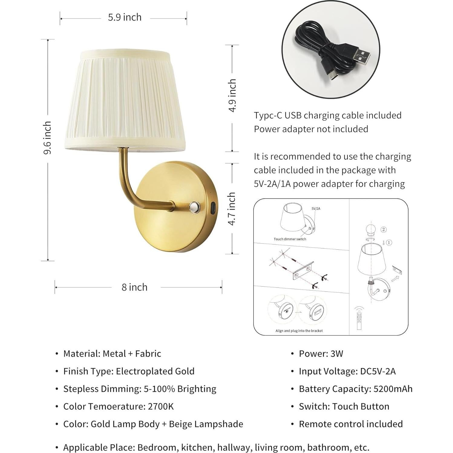 Aplique de Pared Inalámbrico PUSU Dorado 24.4 cm Juego de 2