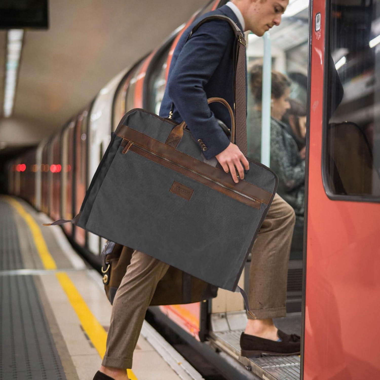 Bolsa de Traje de Lona y Cuero TRITOUR con Compartimento para Laptop