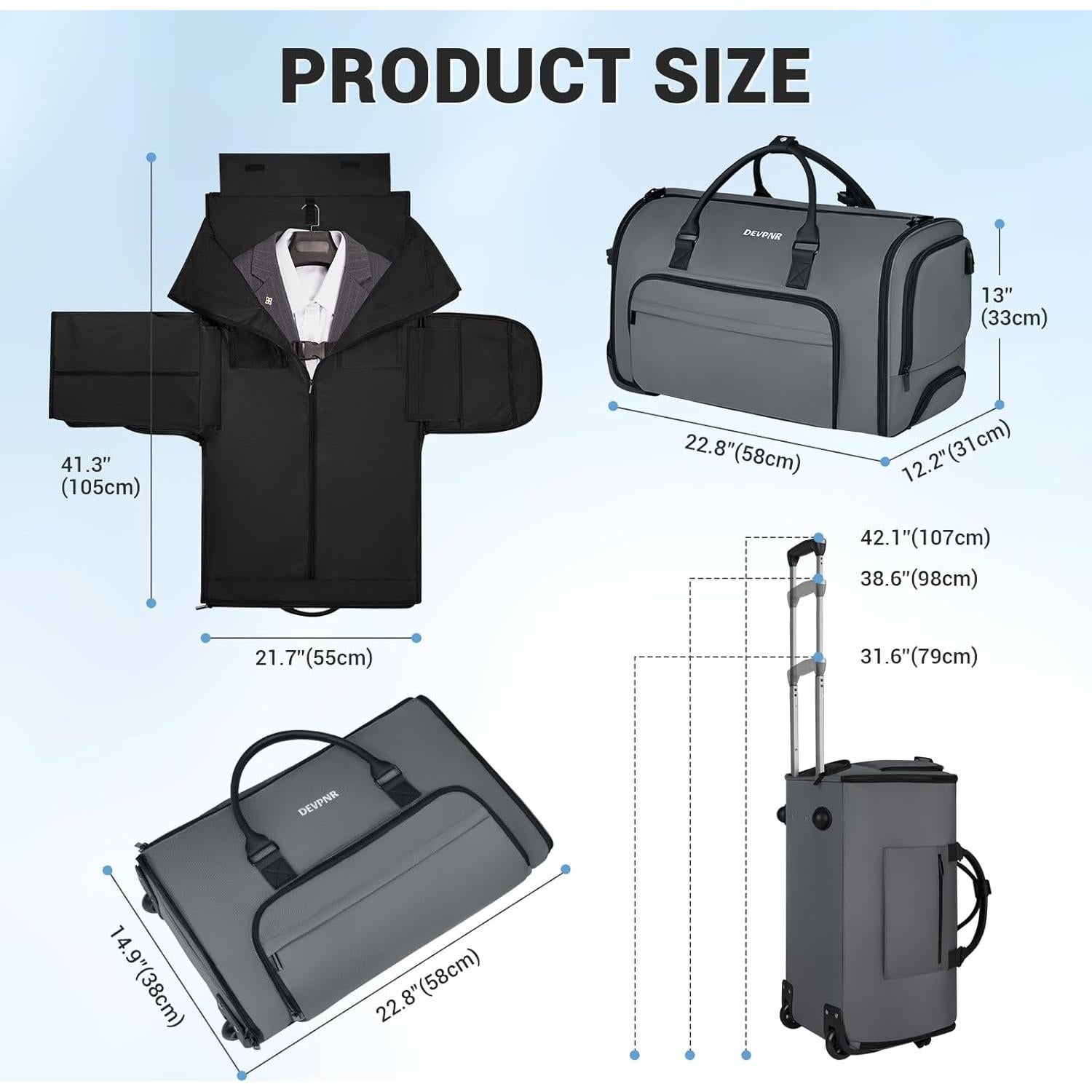 Bolsa de Prendas Rodante DEVPNR 59L Gris 3 en 1 con Ruedas