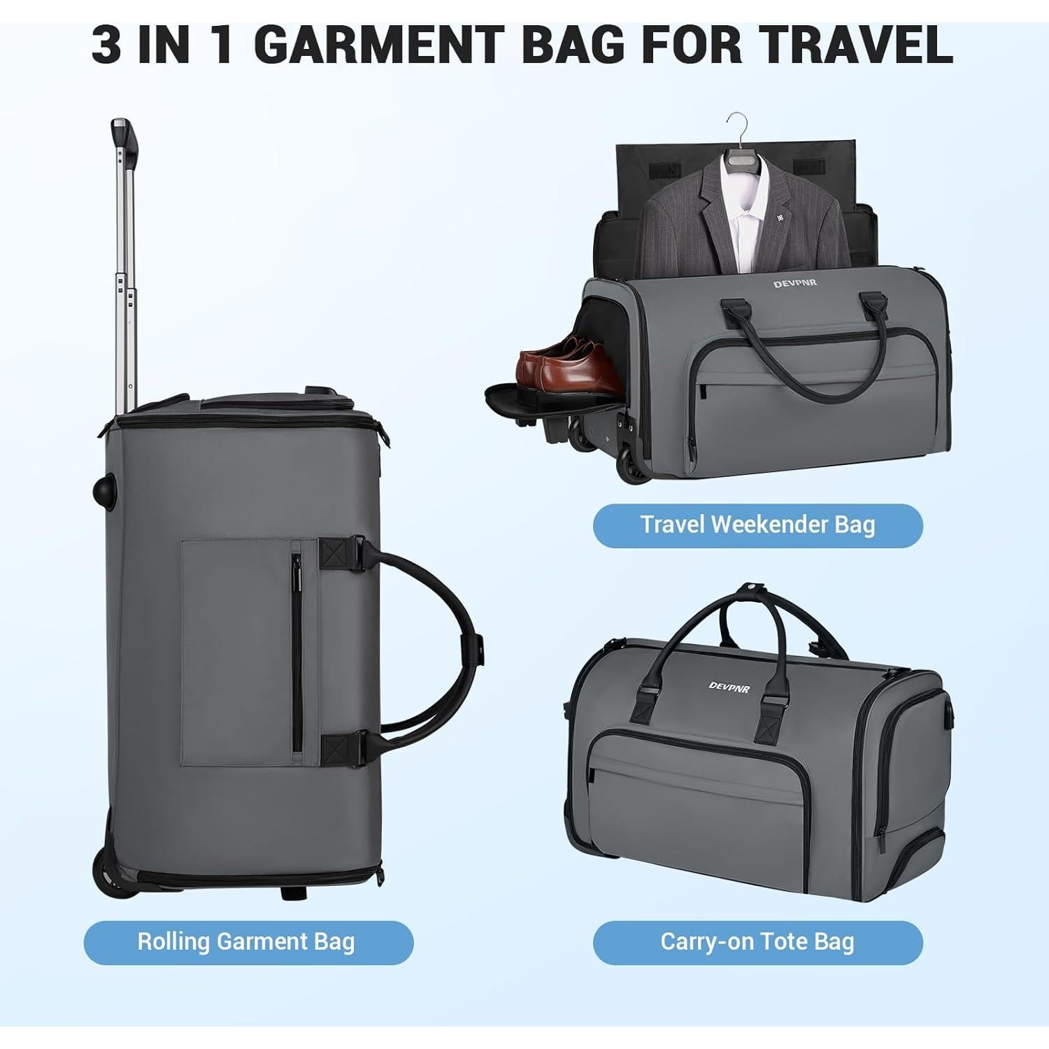 Bolsa de Prendas Rodante DEVPNR 59L Gris 3 en 1 con Ruedas