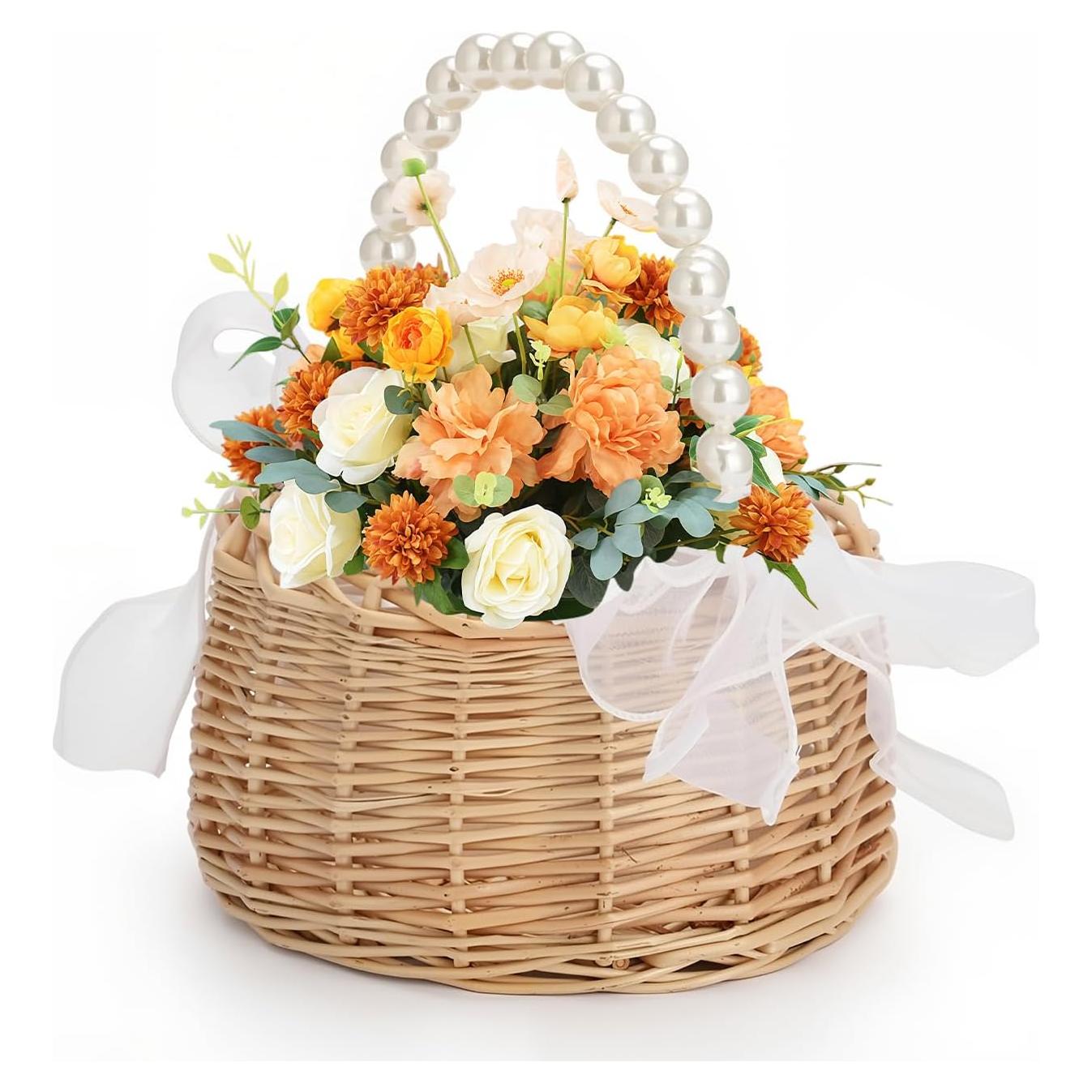 Cesta de Flores de Mimbre VIPWIN 16.5x20 cm con Mango de Perlas