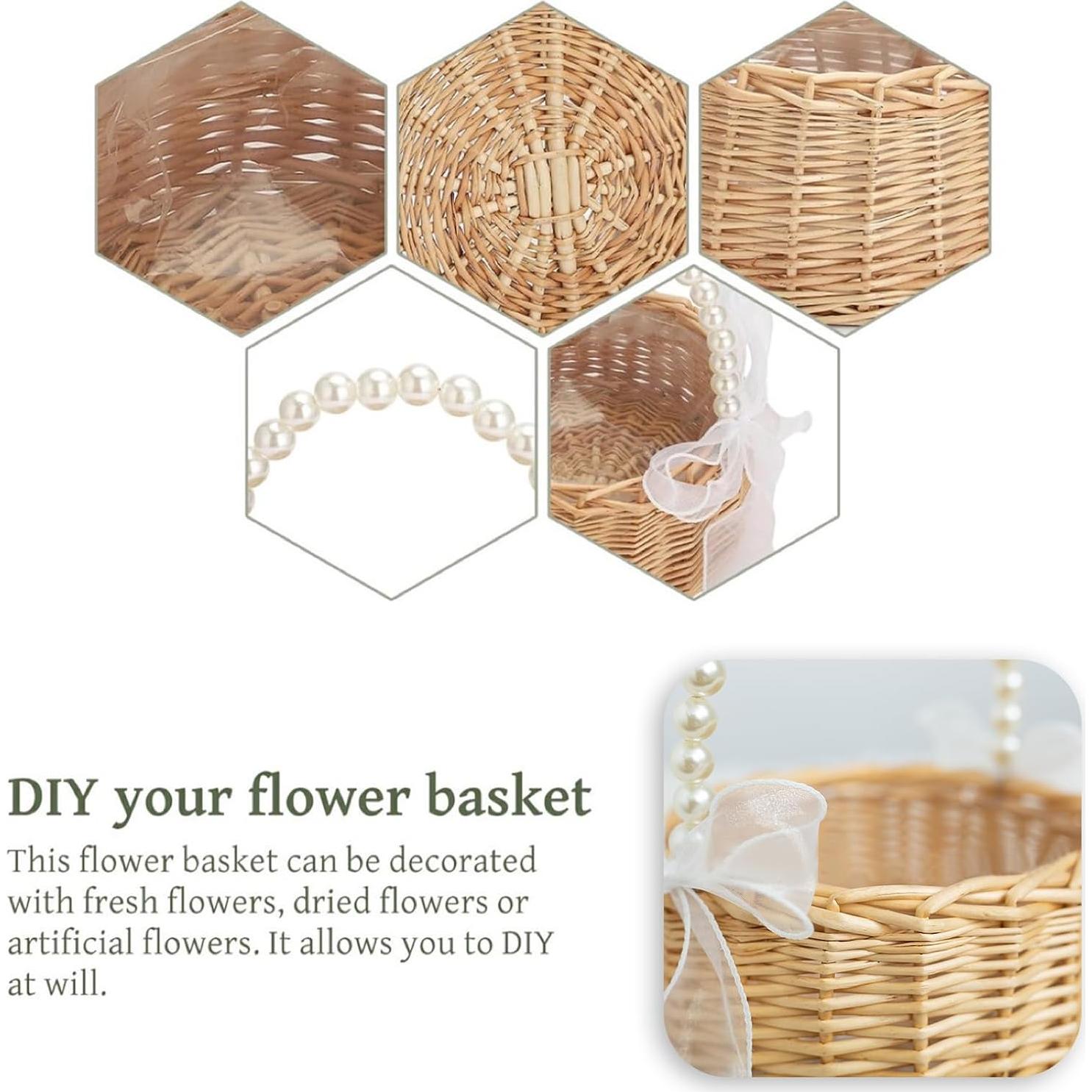 Cesta de Flores de Mimbre VIPWIN 16.5x20 cm con Mango de Perlas