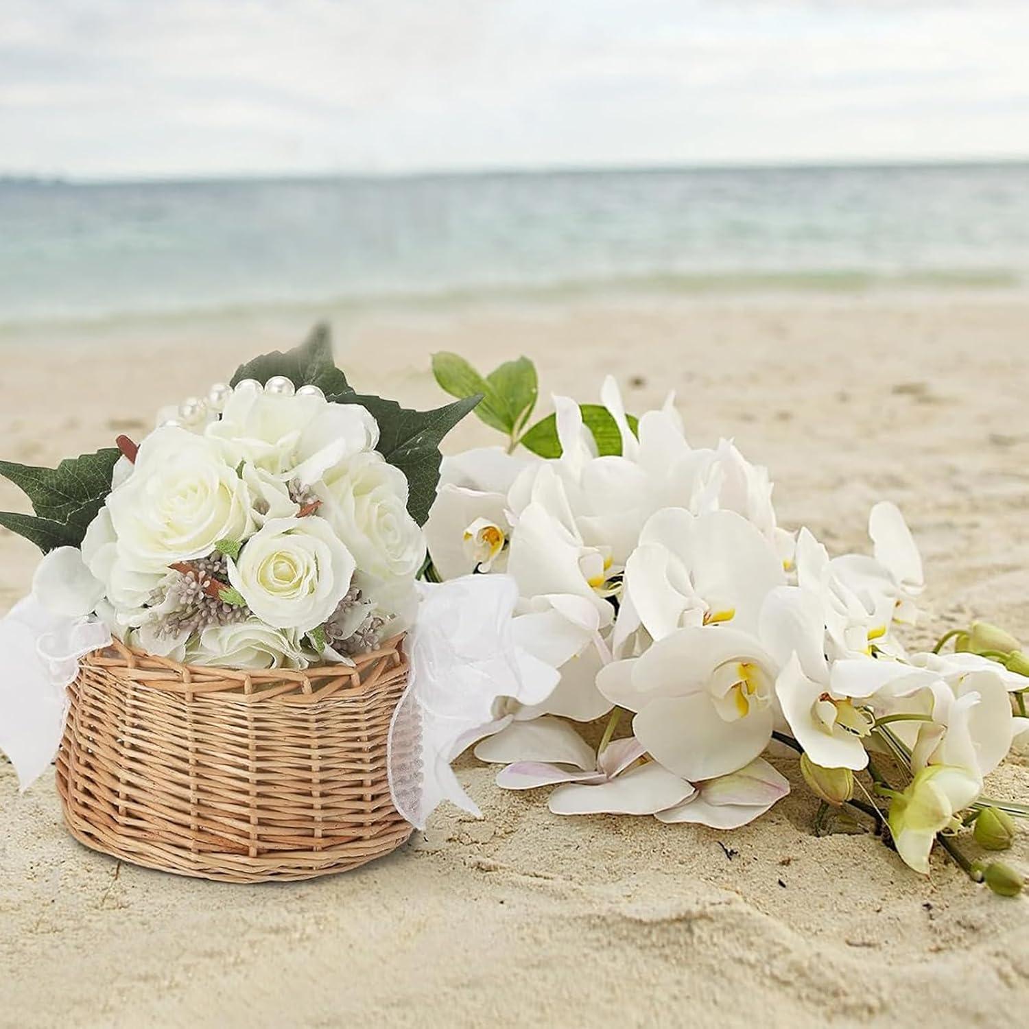 Cesta de Flores de Mimbre VIPWIN 16.5x20 cm con Mango de Perlas