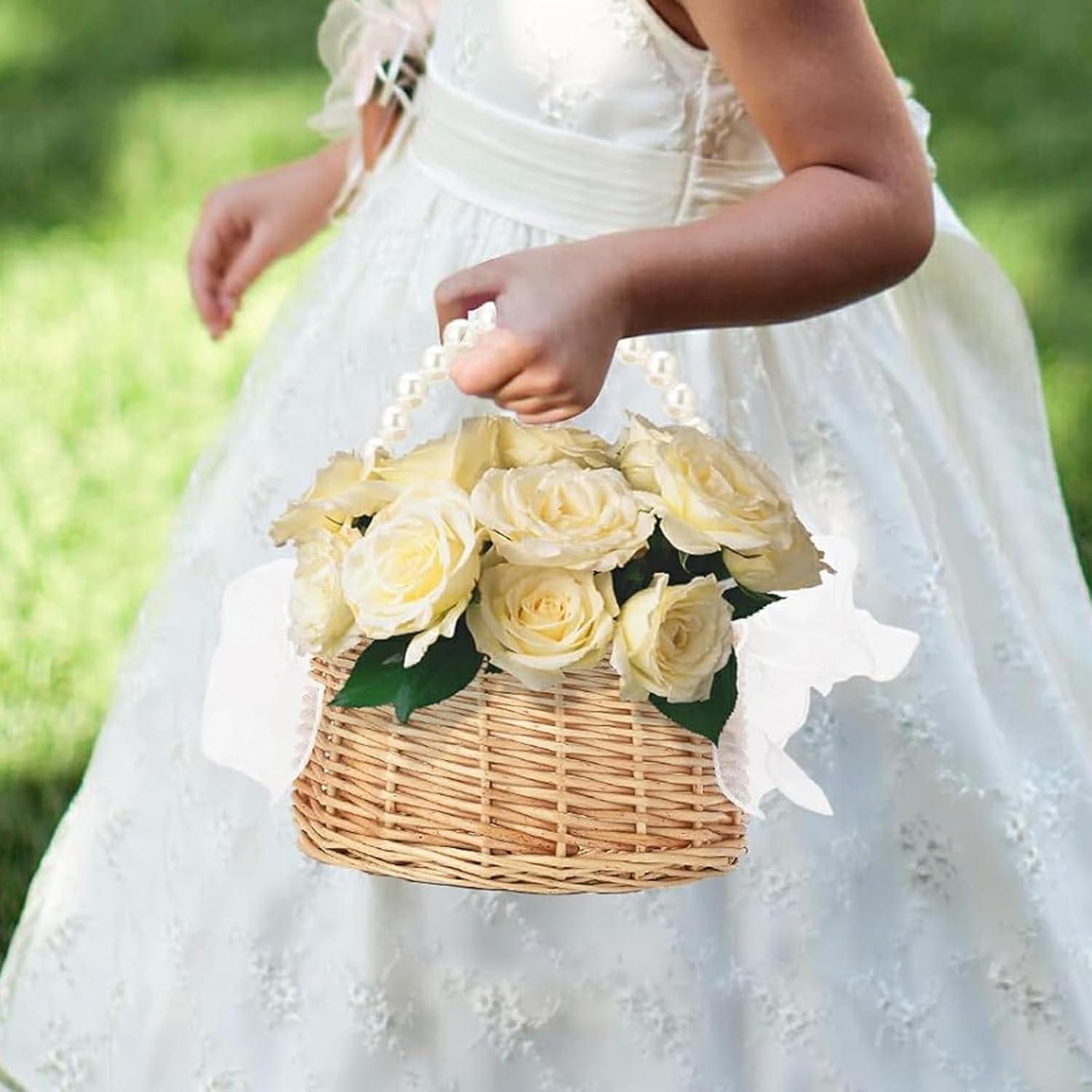 Cesta de Flores de Mimbre VIPWIN 16.5x20 cm con Mango de Perlas