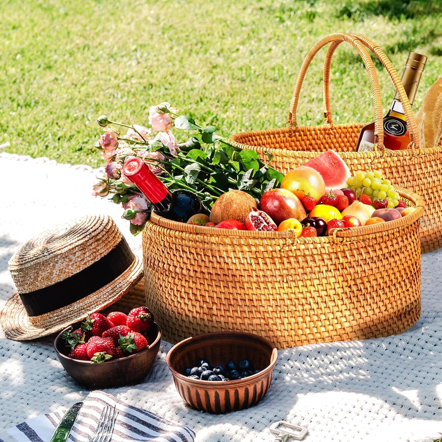 Cesta de Picnic de Ratán LALASUN Ovalada 35.1x25.9x12.9 cm