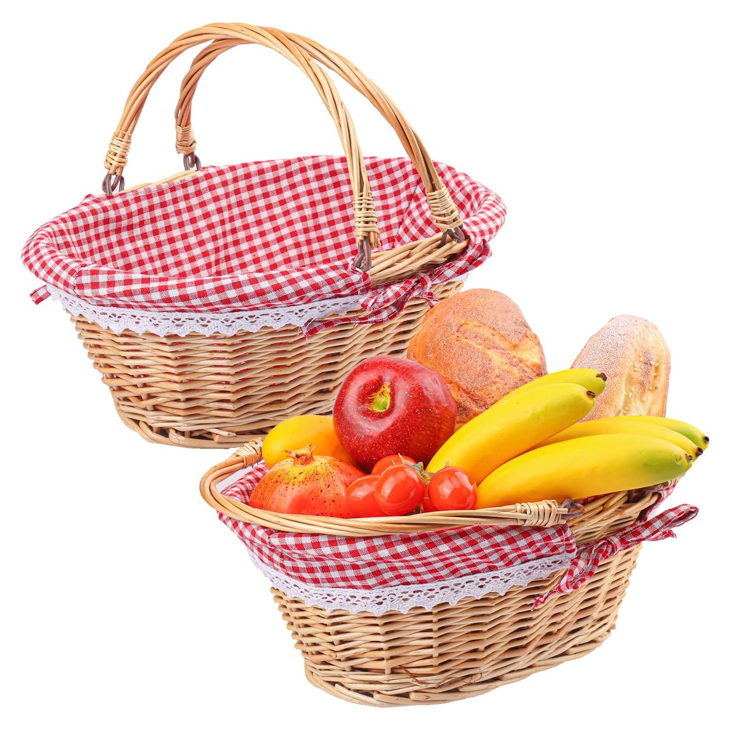 Cesta de Mimbre Natural Geytetqi 32 cm con Forro a Cuadros Rojos