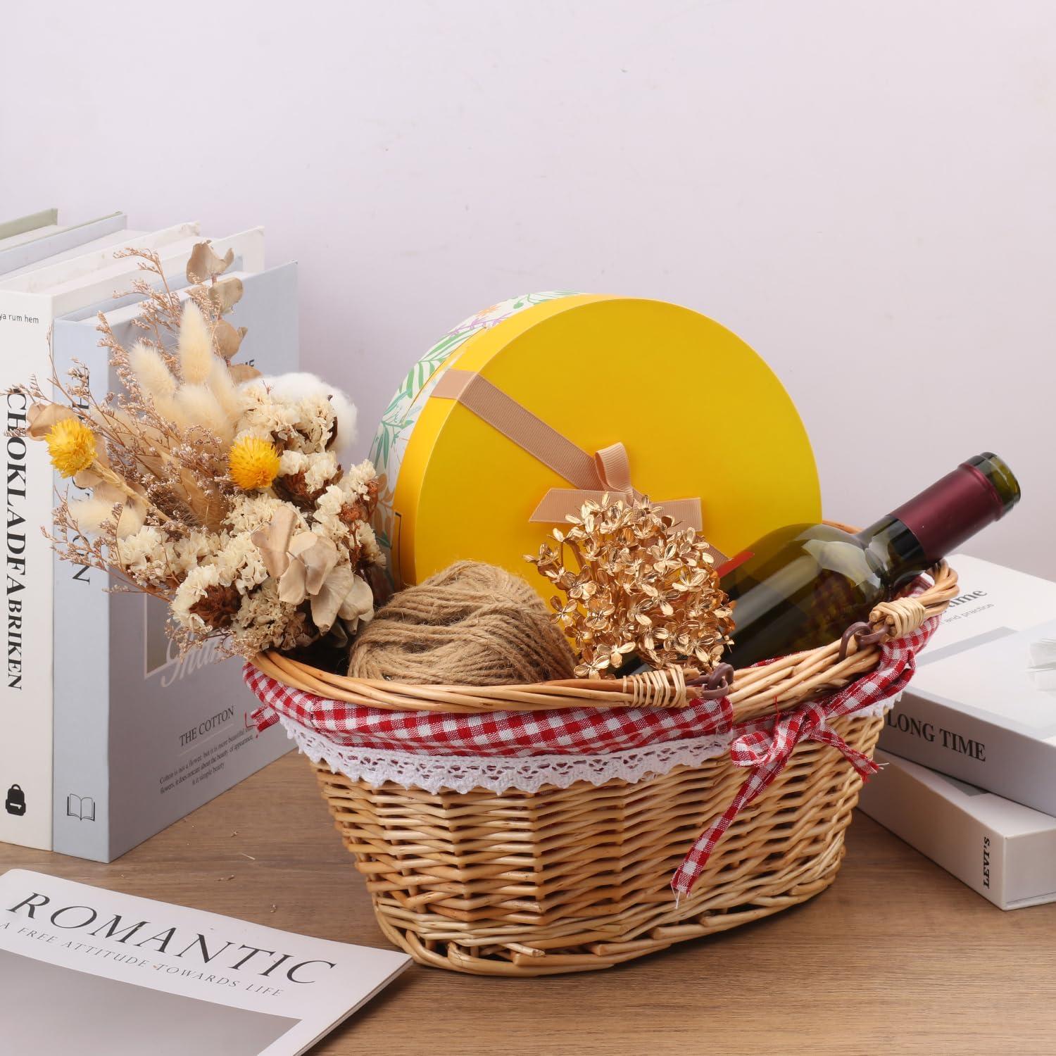 Cesta de Mimbre Natural Geytetqi 32 cm con Forro a Cuadros Rojos